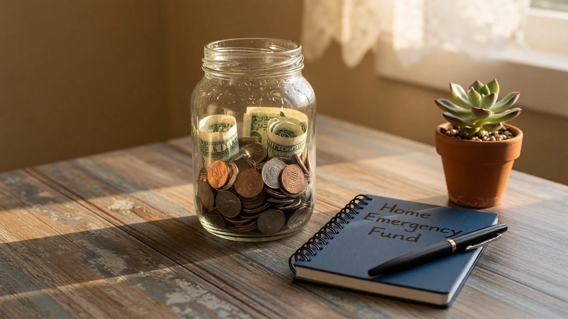 Glass jar filled with coins and currency on a wooden table, labeled Home Emergency Fund, soft warm natural light