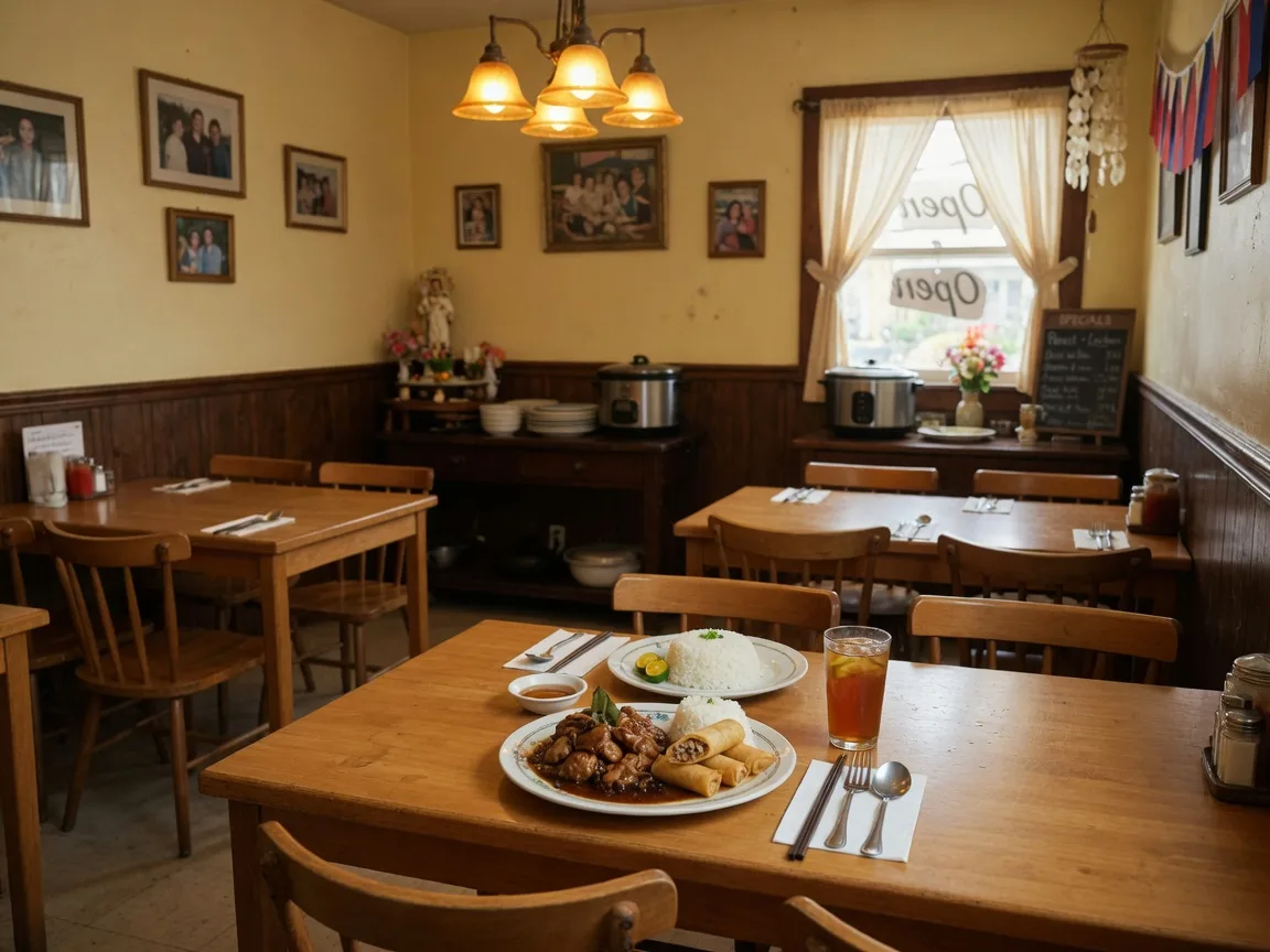 Cozy Filipino restaurant dining room with warm wood tones and plated dishes