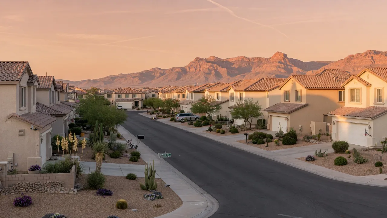 Two-story stucco homes with desert landscaping in an established Las Vegas master-planned community at golden hour