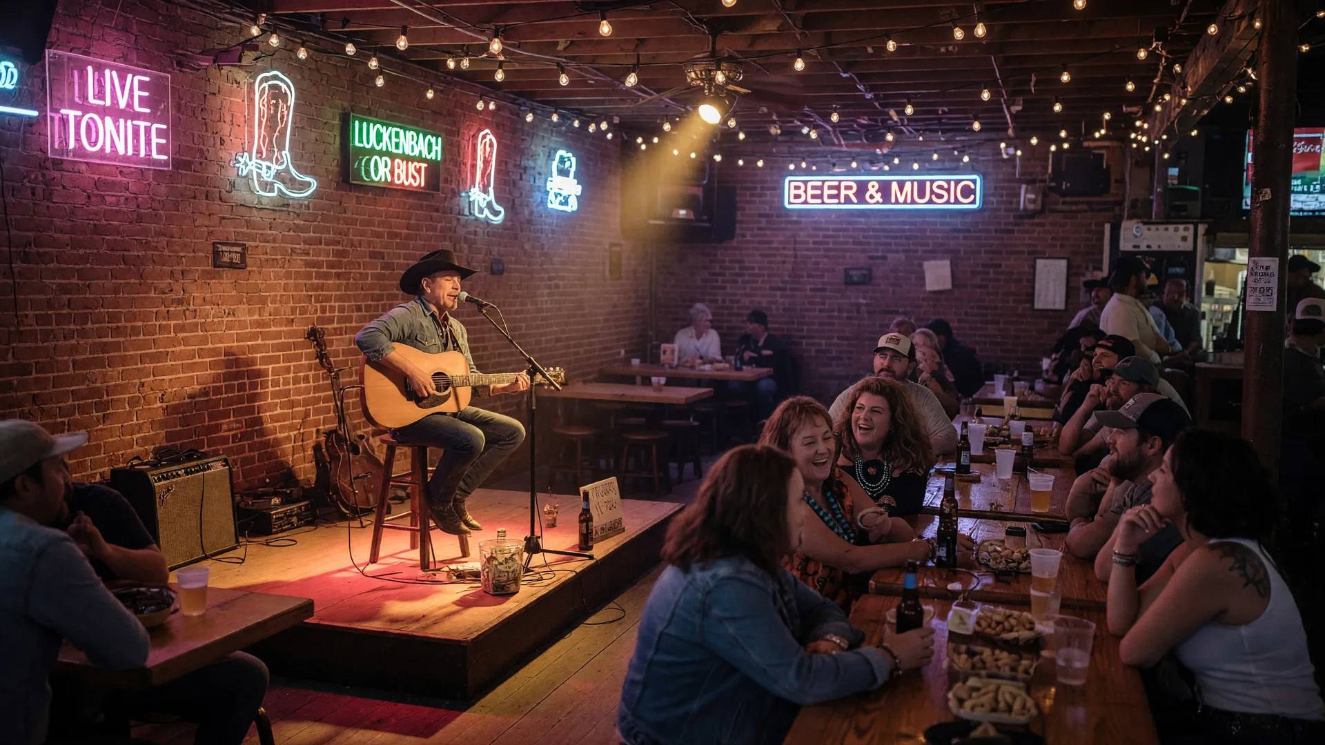 An intimate Texas music pub at night with brick walls, warm lights, and a band on a small stage