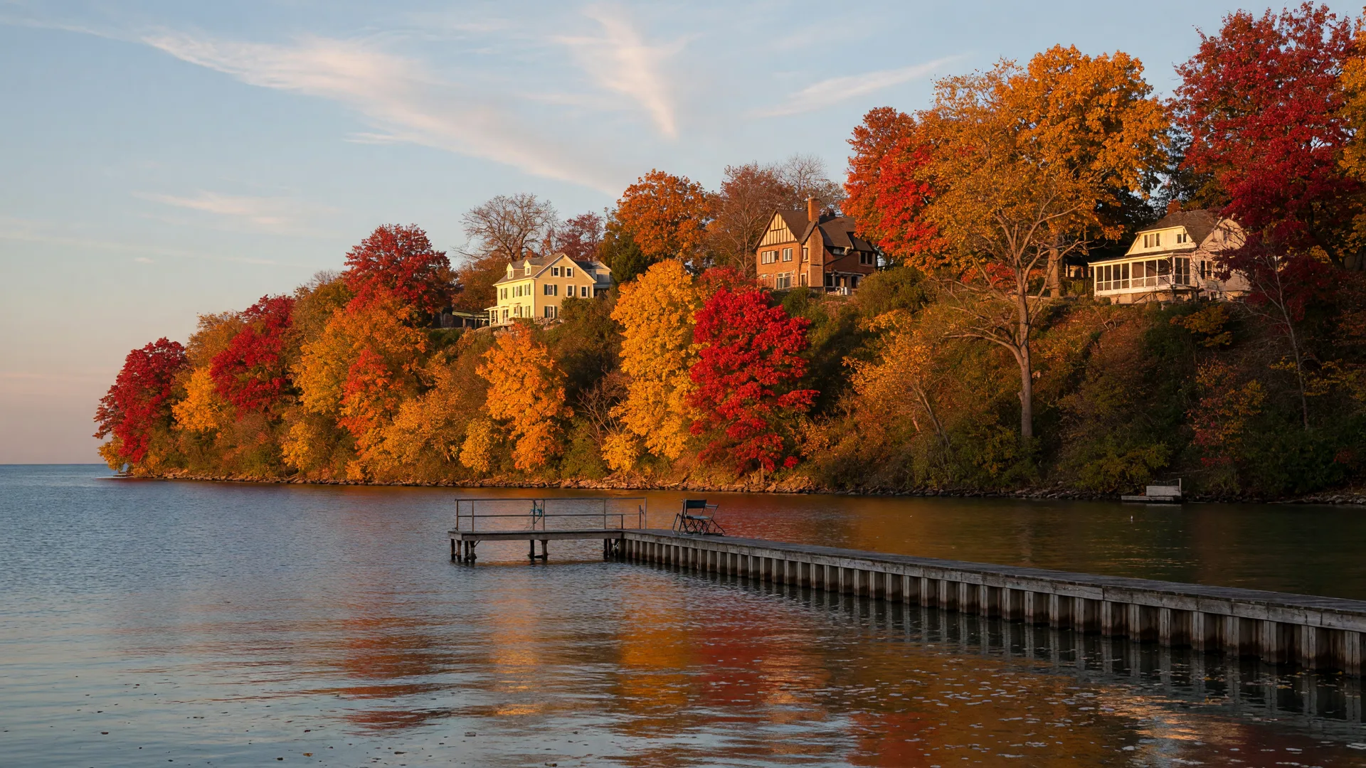 The Lake Erie shoreline near Euclid at peak fall color, with a maple and oak bluff in orange, gold, and scarlet above calm water and a wooden pier