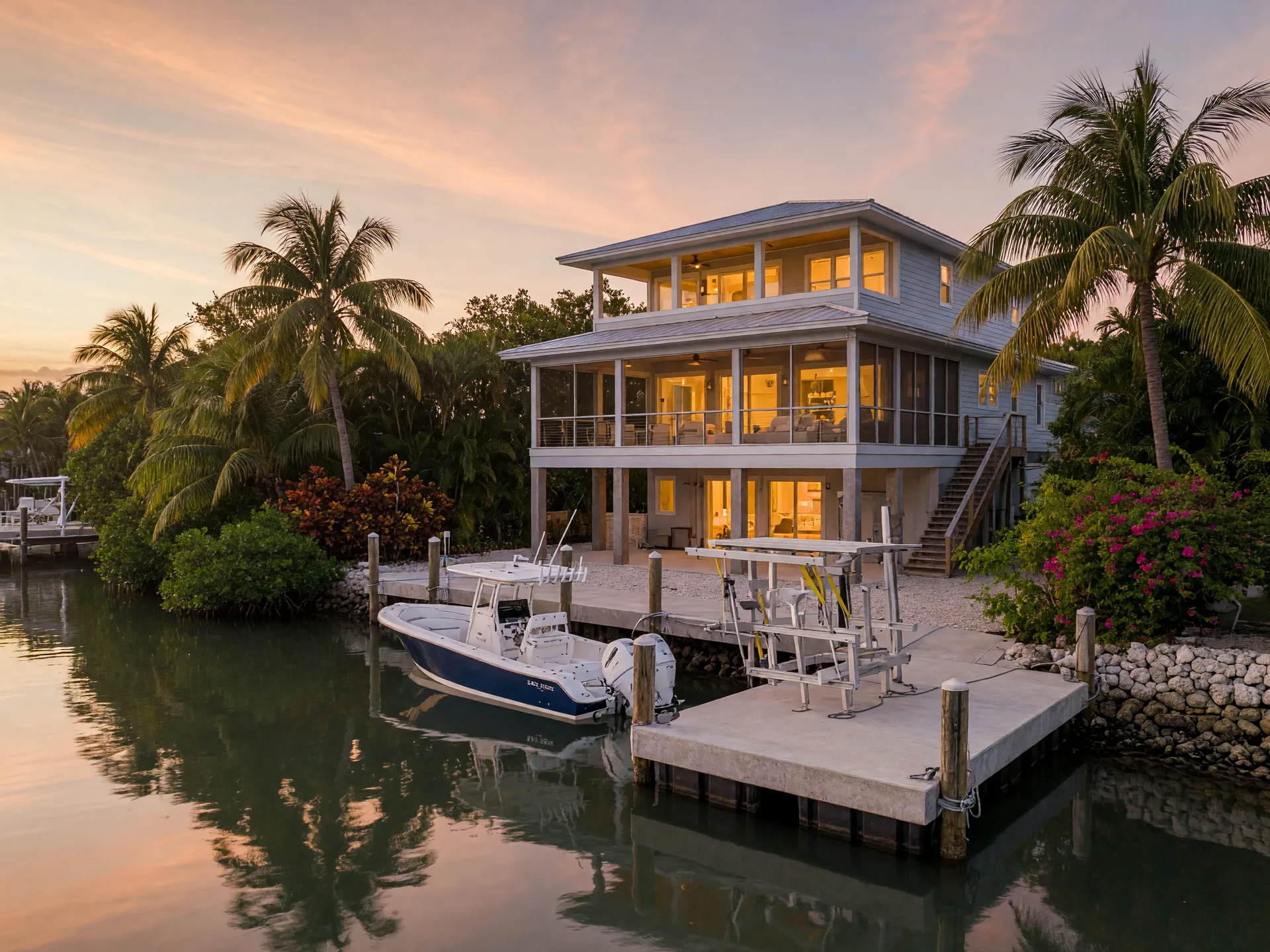 A luxury waterfront home in the Florida Keys at golden hour with a private concrete dock and boat lift, a center-console boat moored, warm interior lights, and lush tropical landscaping along a calm canal