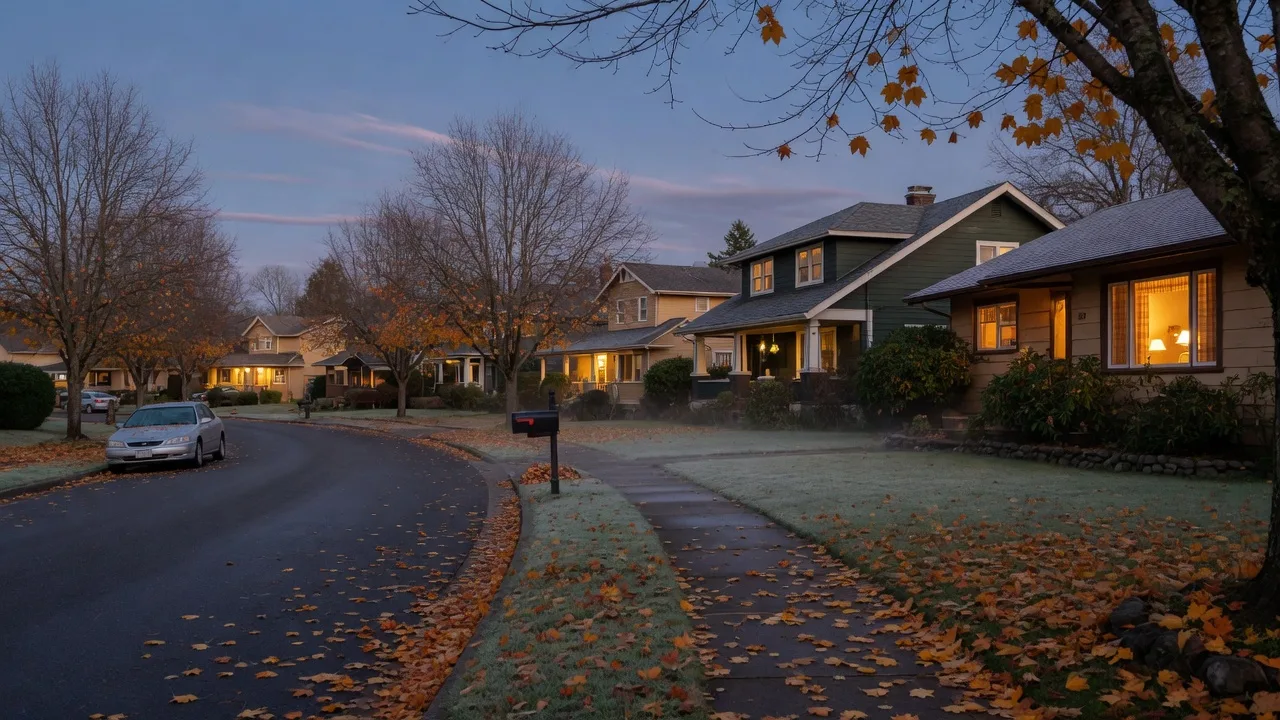 A Pacific Northwest suburban street at dusk in early November with bare golden-orange trees, frost-touched lawns and warm window light