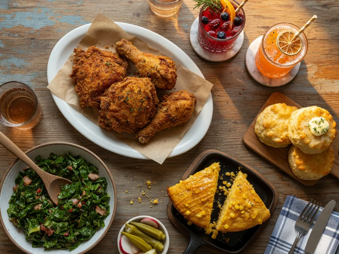 Beautifully plated Southern food on a rustic table in a Raleigh restaurant