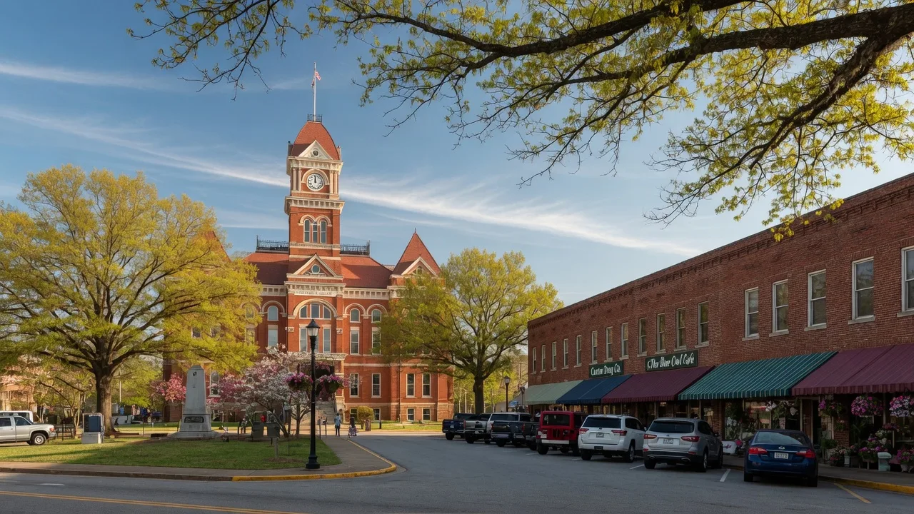 Historic Canton, GA courthouse and downtown square, charming community and walkable neighborhood.