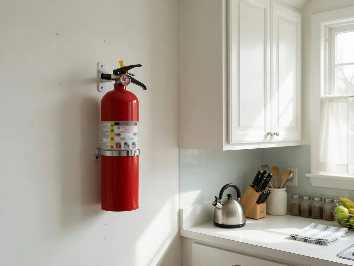 Red fire extinguisher mounted on a kitchen wall beside a cabinet in a well-organized home