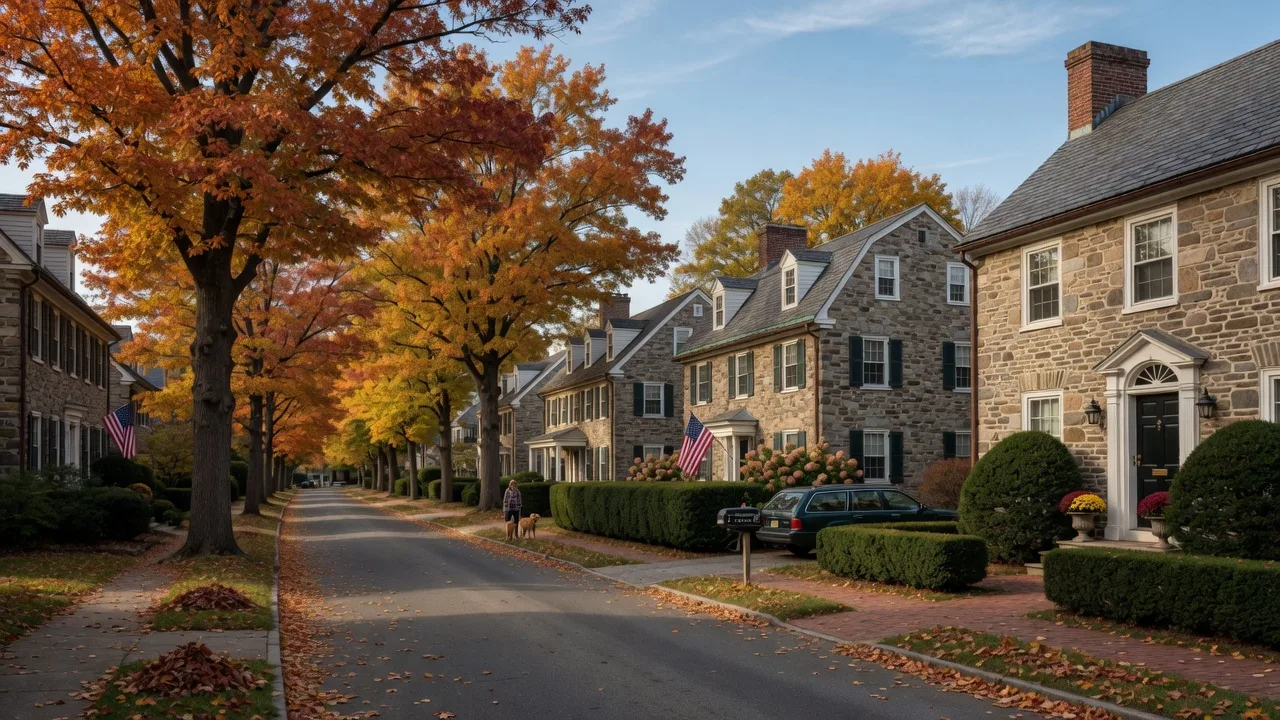 Historic stone colonial homes on a tree-lined street in Haverford Pennsylvania