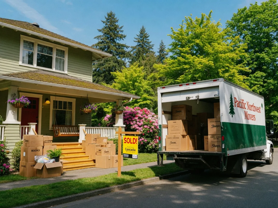 Home with sold sign and moving truck in Pacific Northwest neighborhood