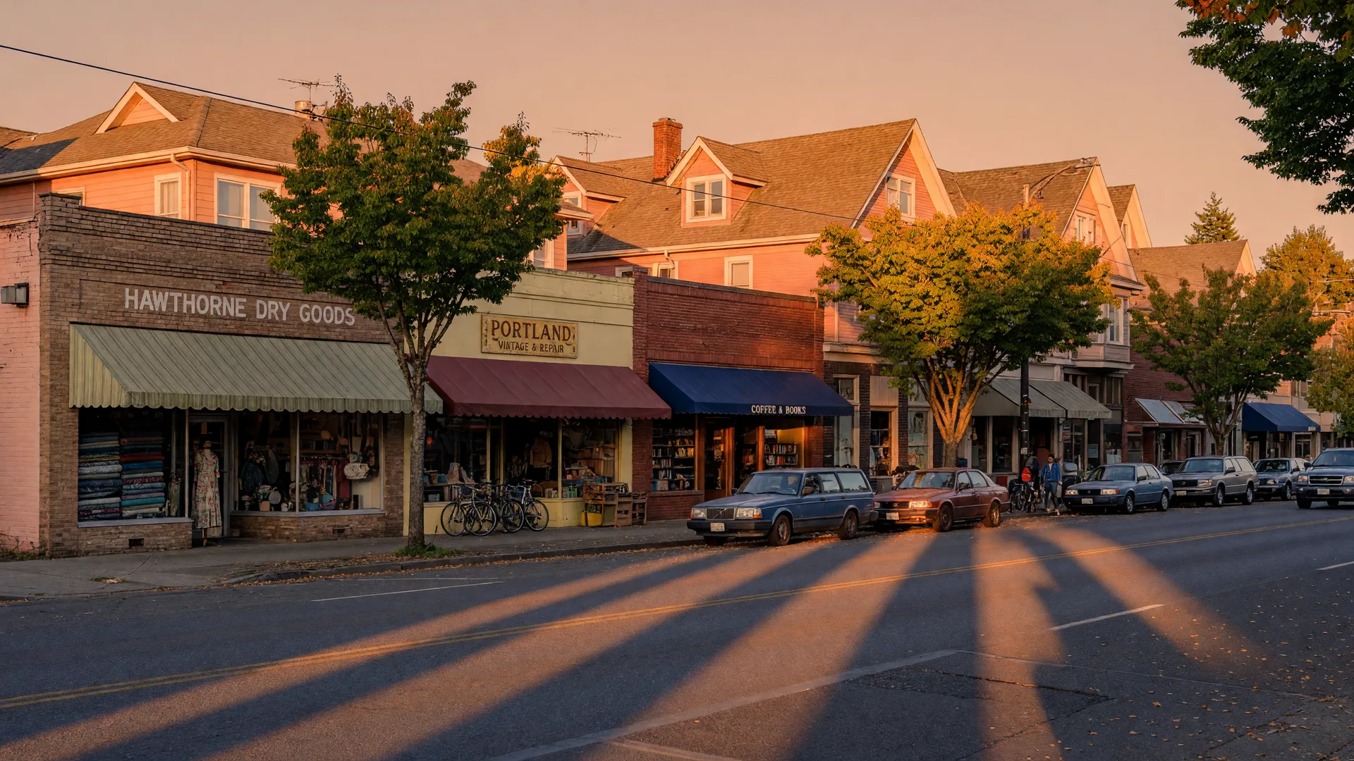 Vintage storefronts with awnings along SE Hawthorne Boulevard at golden hour