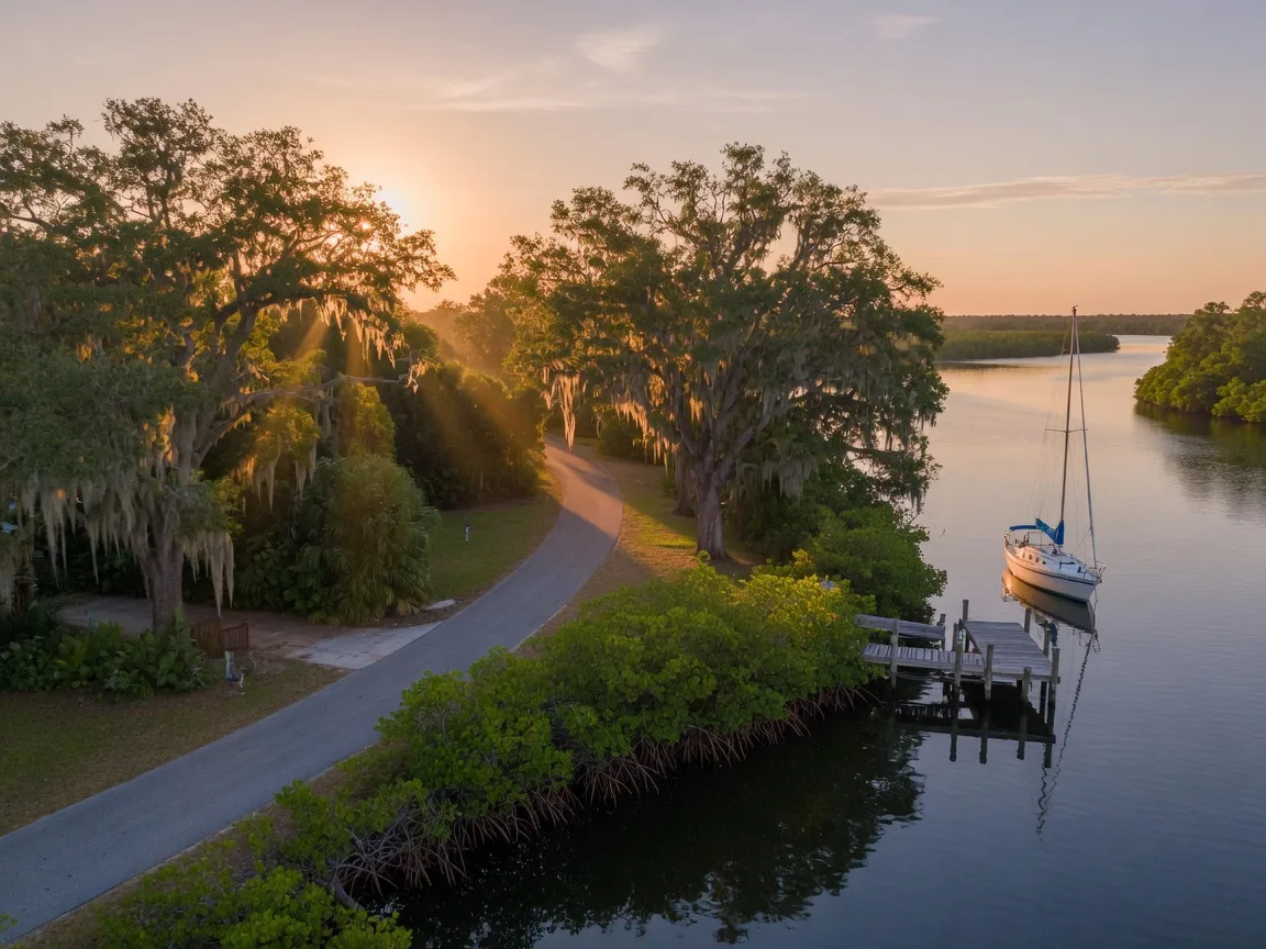 A wooded riverfront lane at Sewall's Point with deep-water docks and a sailboat moored offshore on the St. Lucie River in golden light