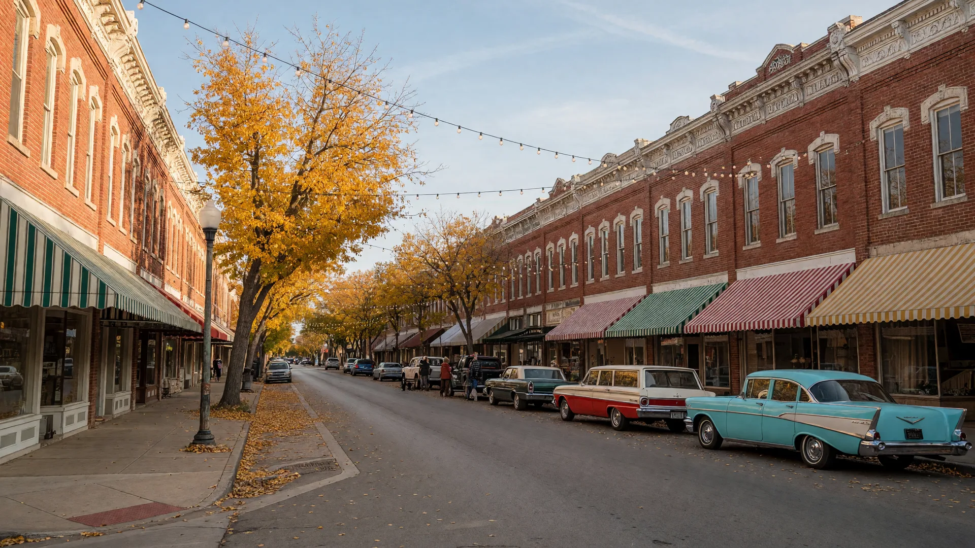 Historic downtown Denison, Texas with preserved brick storefronts and autumn trees
