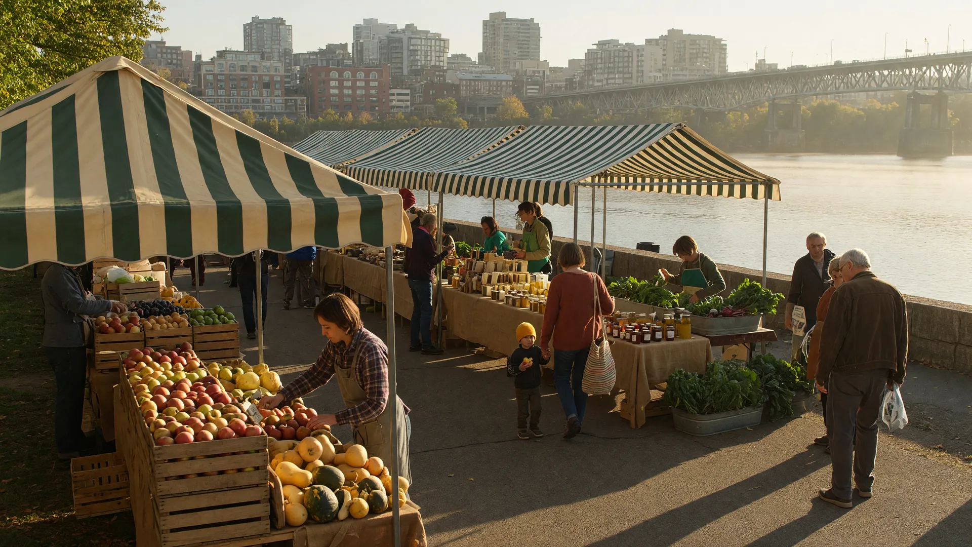 A sunlit riverfront farmers market in early autumn, with striped market awnings, crates of fruit, and families strolling