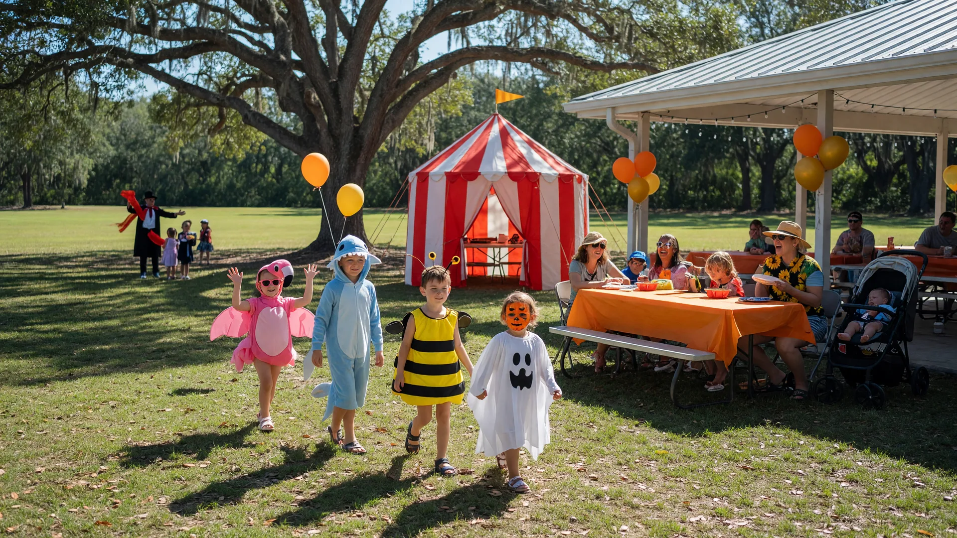 A family Halloween costume parade on the grass of a sunny Naples park with live oak trees, an orange and gold balloon tent, and families gathered at picnic tables