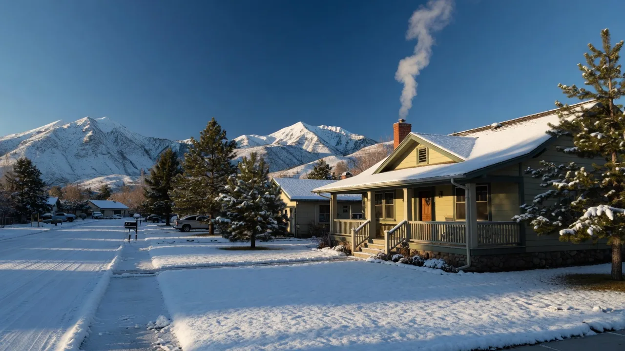 A snow-dusted home on a quiet Carson City street with the snow-capped Sierra Nevada bright behind it on a sunny winter morning.