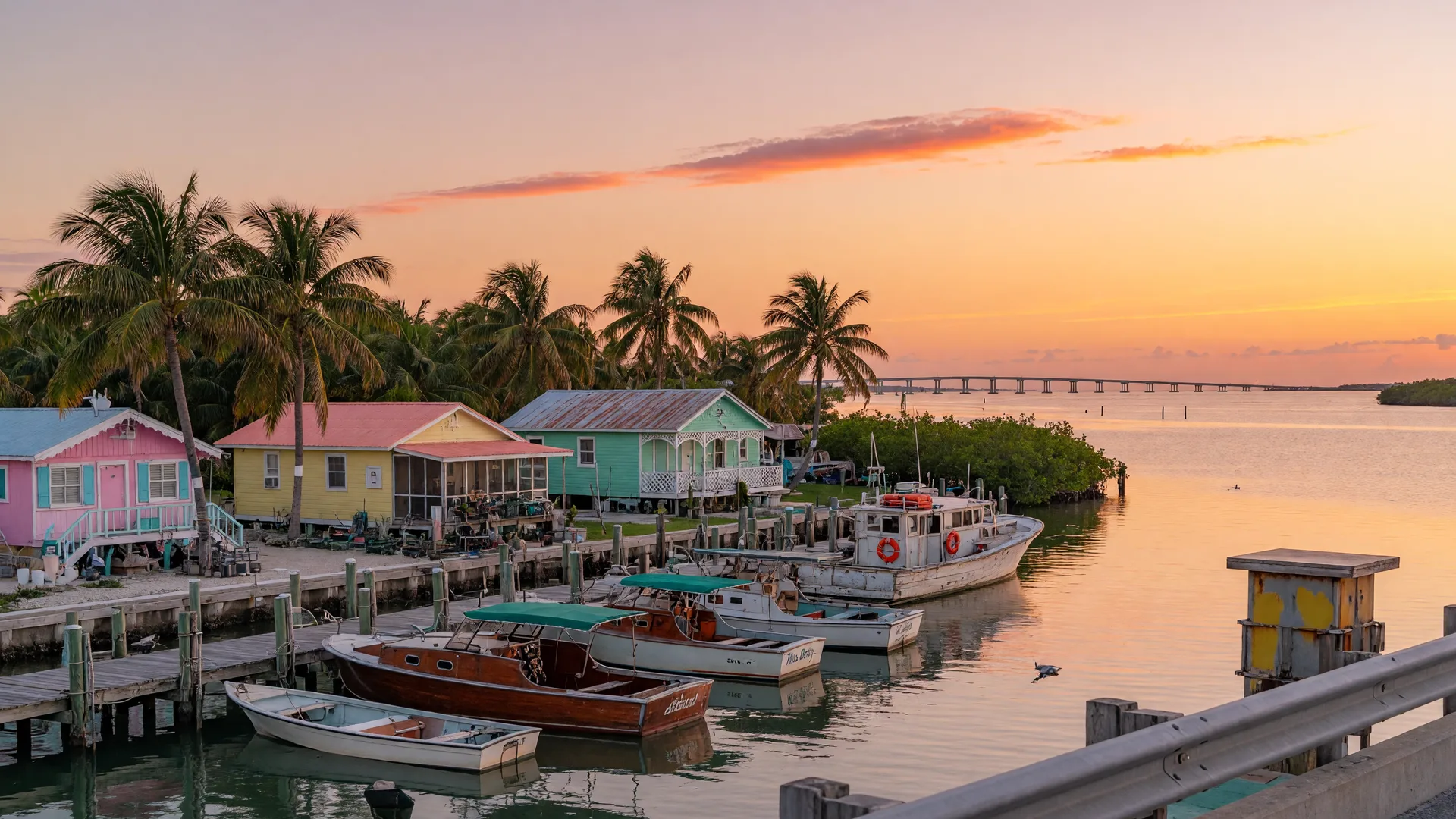 Islamorada waterfront at sunrise with wooden fishing boats moored at a marina, palm trees, and pastel cottages along Florida Bay in the Florida Keys