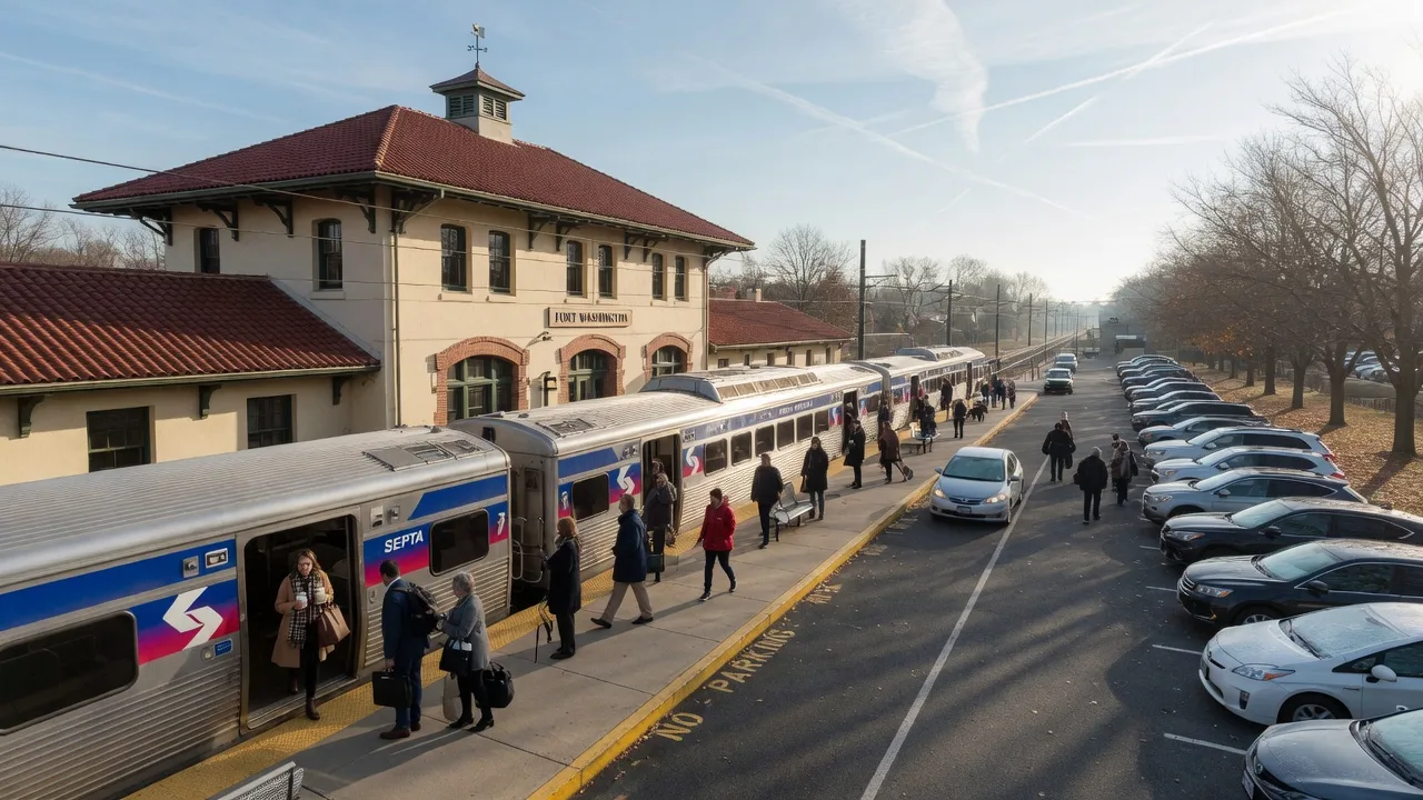 Fort Washington SEPTA regional rail station with commuters boarding