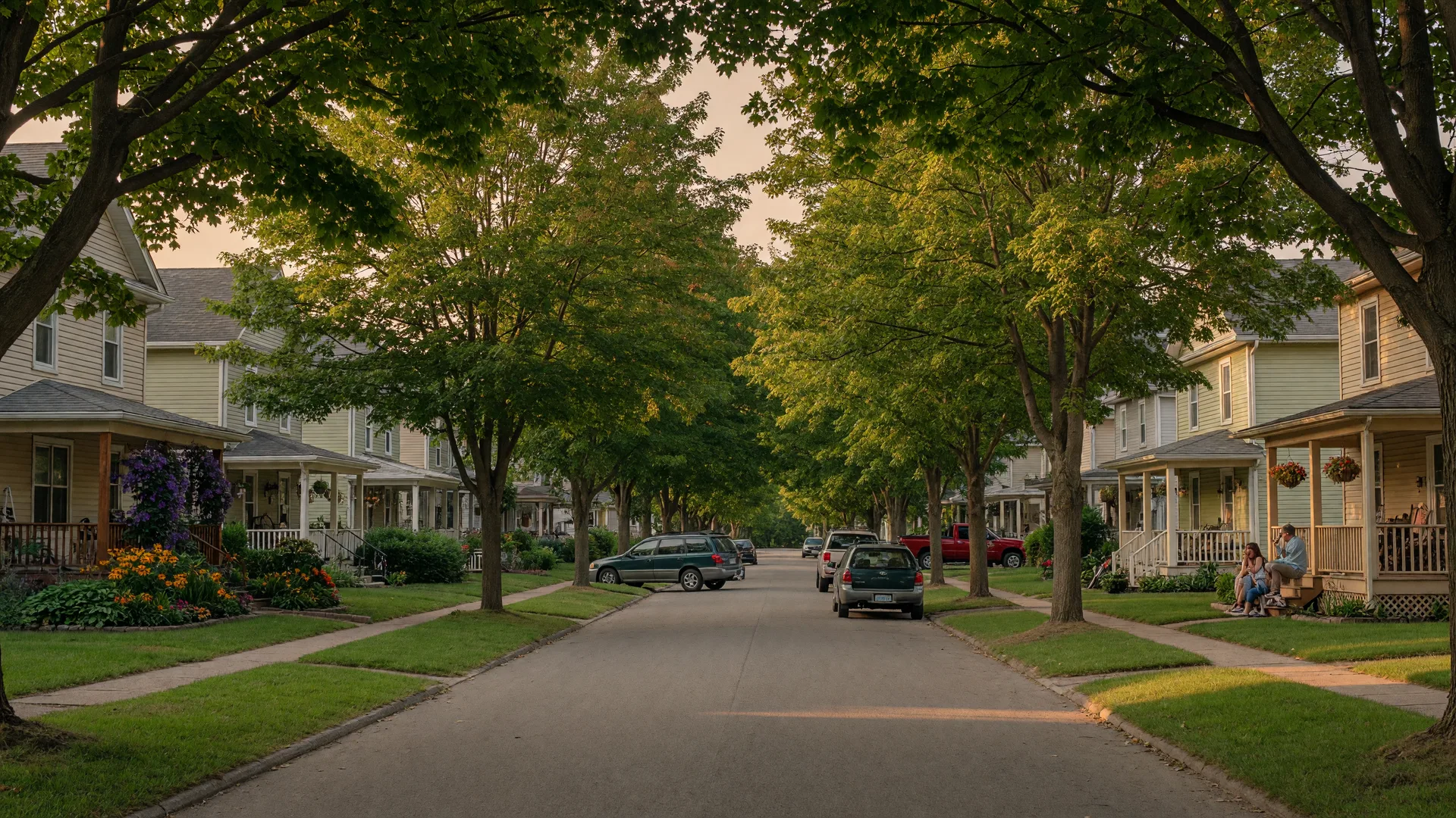 A tree-lined residential street on Hamilton Mountain, with family homes, front porches, and greenery glowing in warm afternoon light