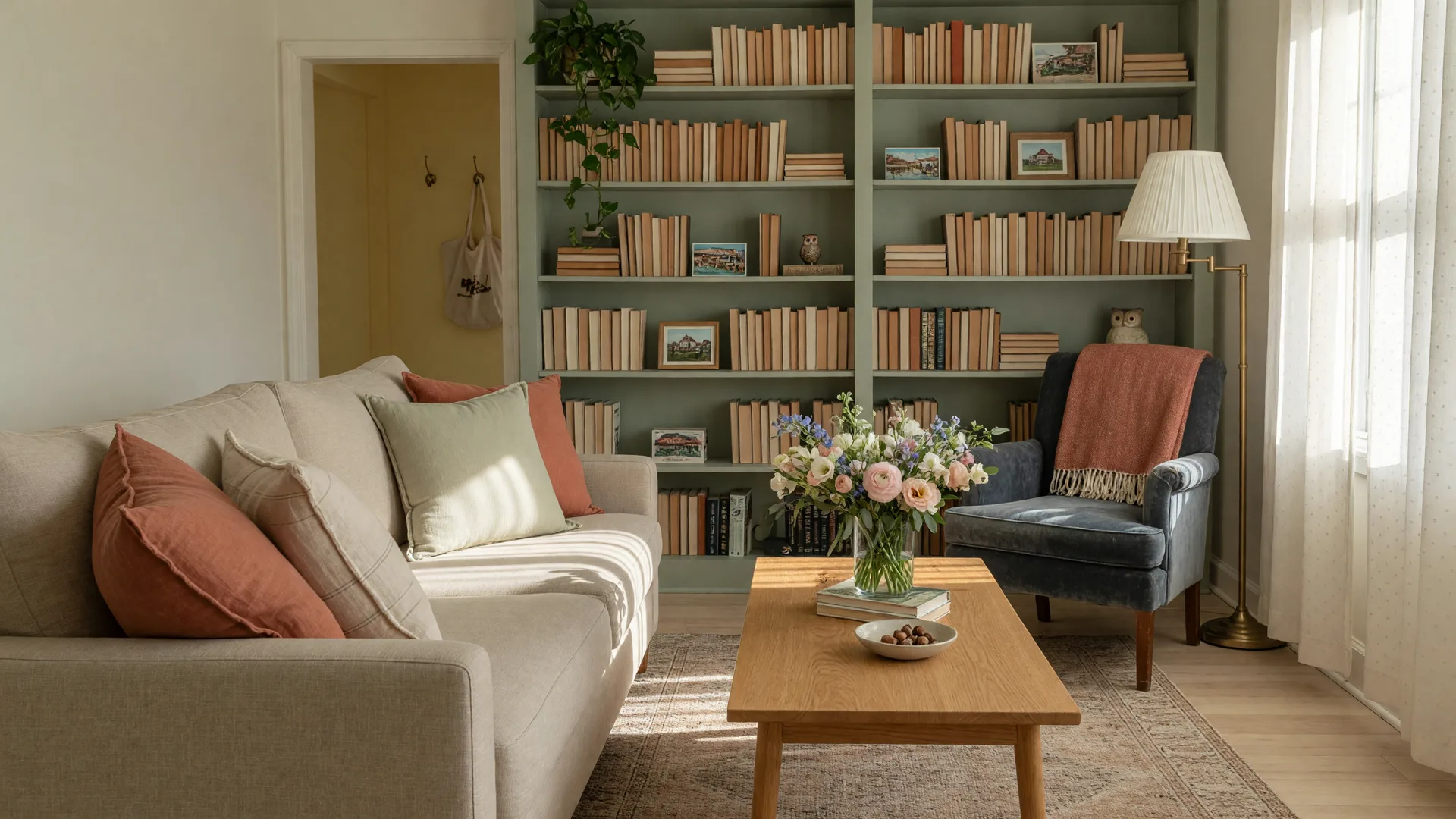 A bright staged living room with a linen sofa and fresh flowers, ready for its next owners