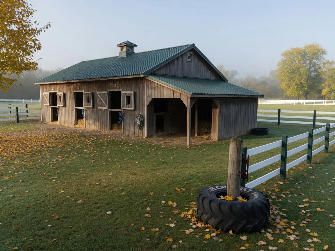 A well-maintained horse barn with a run-in shed on an Indiana hobby farm in autumn