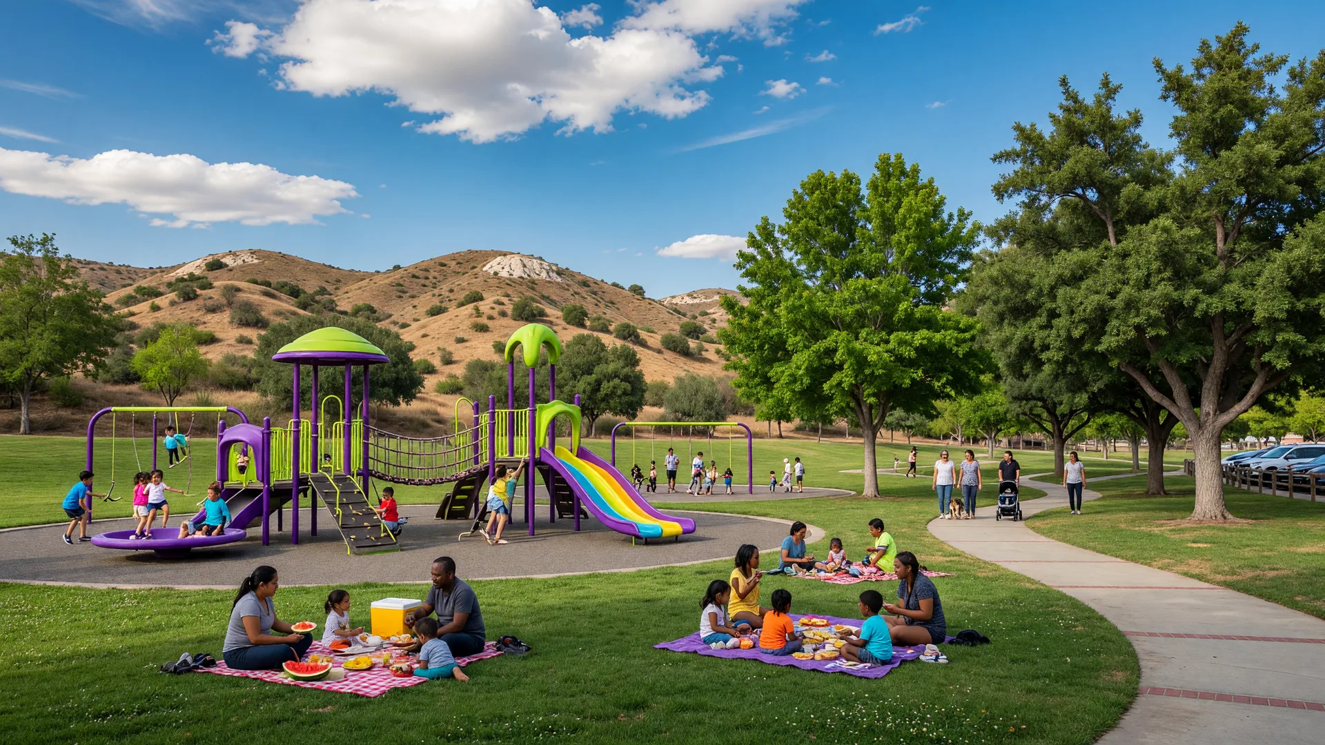 Family enjoying a sunny afternoon at a Santa Clarita Valley community park with playground