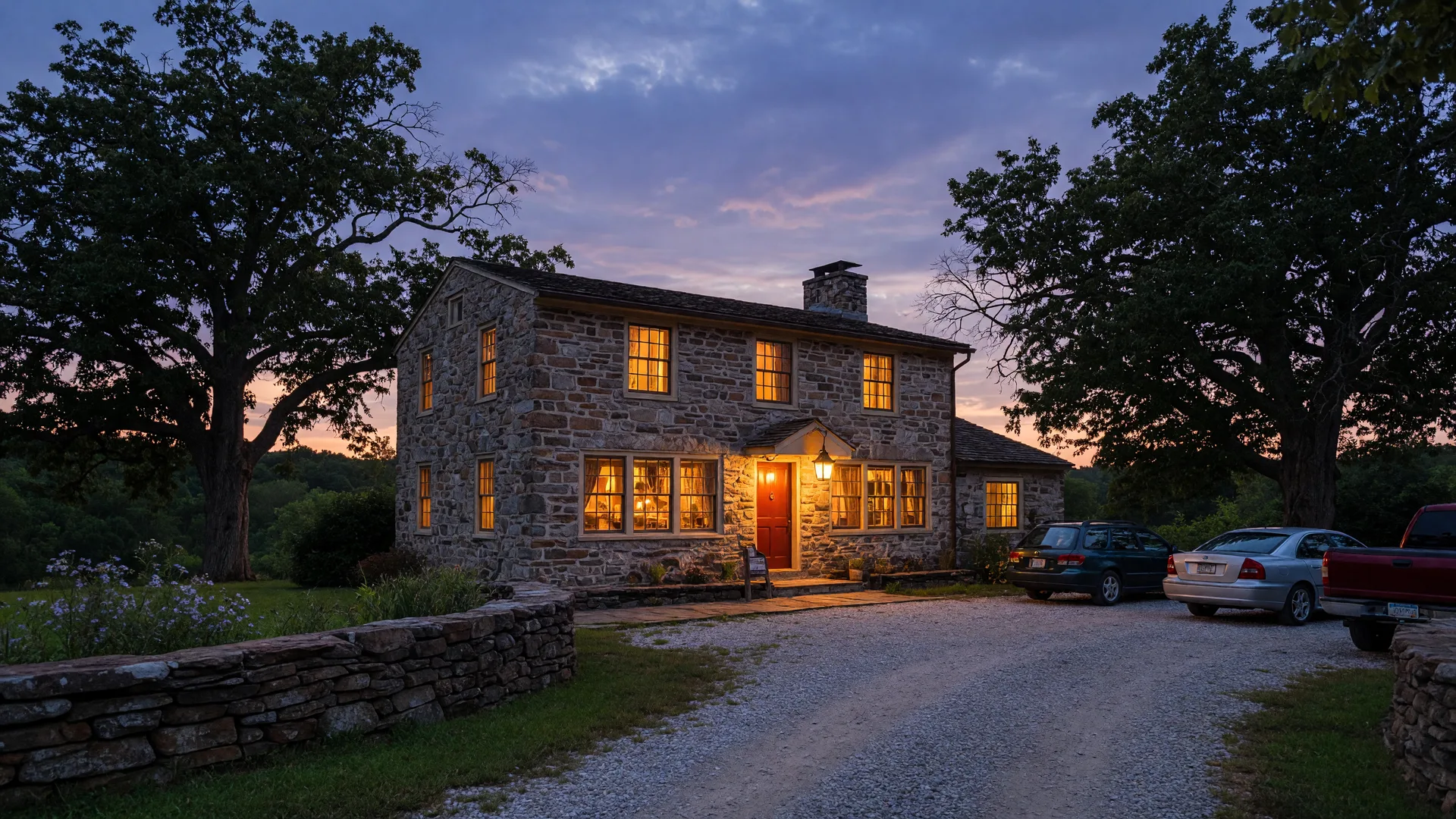 A 200-year-old Pennsylvania stone farmhouse restaurant glowing with warm light at dusk, the setting for Bolete in Bethlehem