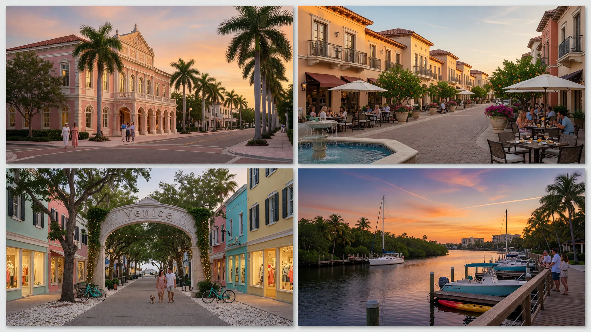 Four Gulf Coast lifestyle scenes — Sarasota's cultural district, Lakewood Ranch Main Street, Venice's historic downtown, and Bradenton's Riverwalk