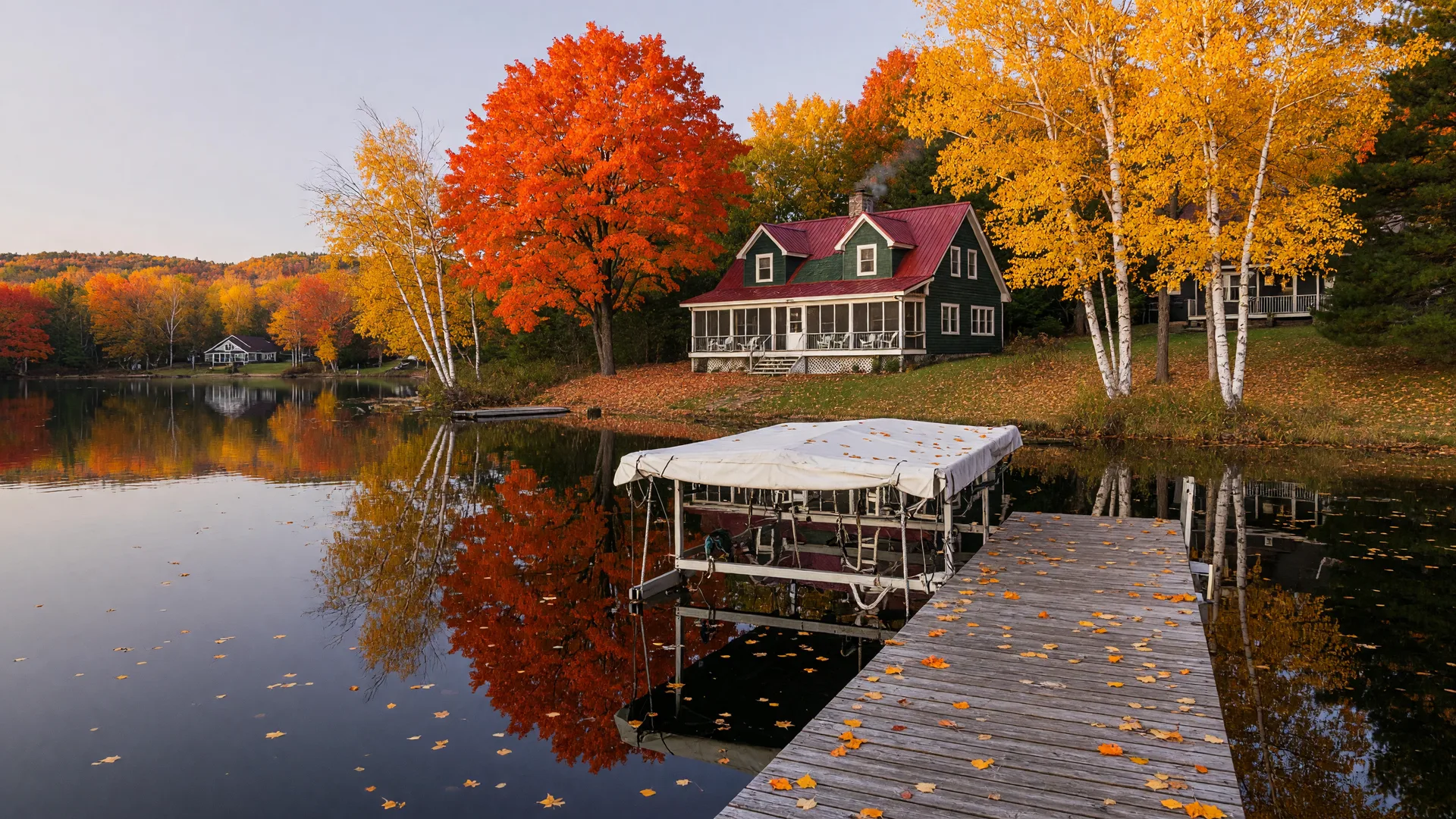 Autumn Minnesota lake home with fall foliage and a wooden dock on calm water