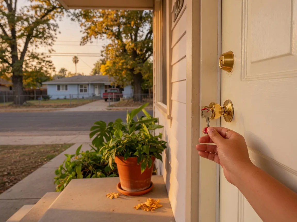 A hand placing a key into the front door lock of a freshly painted starter home in the Central Valley on a mid-October afternoon, with golden autumn light on the porch