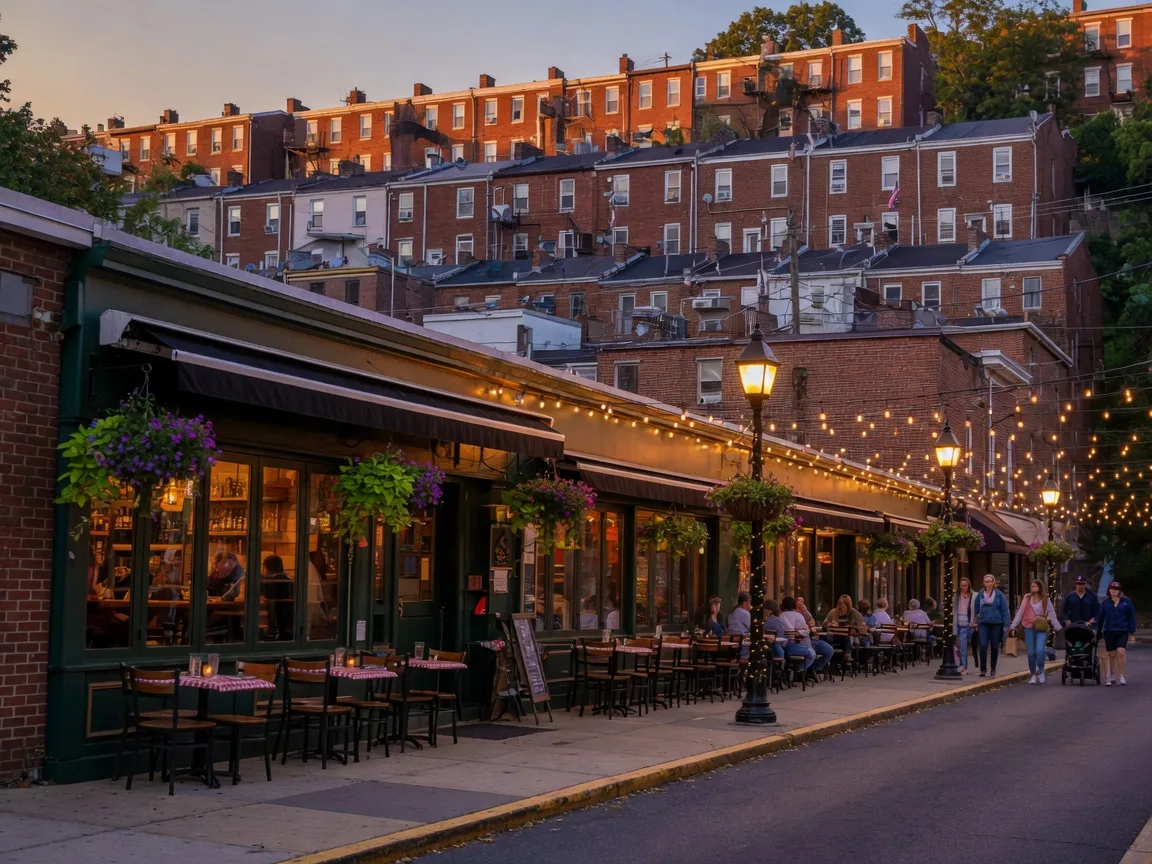 Main Street in Manayunk with a brewpub patio, string lights, and brick rowhomes rising on the steep hillside