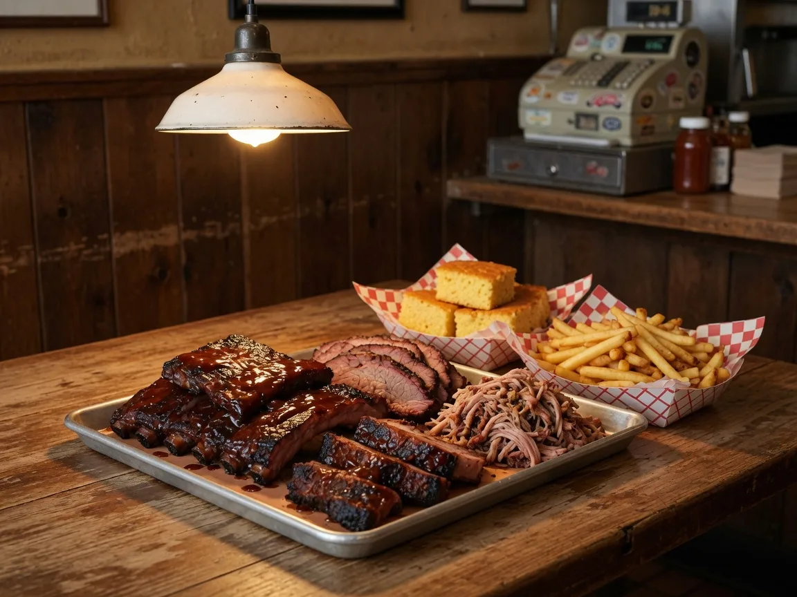 Warm editorial photo of Big B's Barbecue in North Fullerton: a metal tray of charbroiled pork ribs glazed in house barbecue sauce with tri-tip, pulled pork, fries, and cornbread on a rustic wooden table