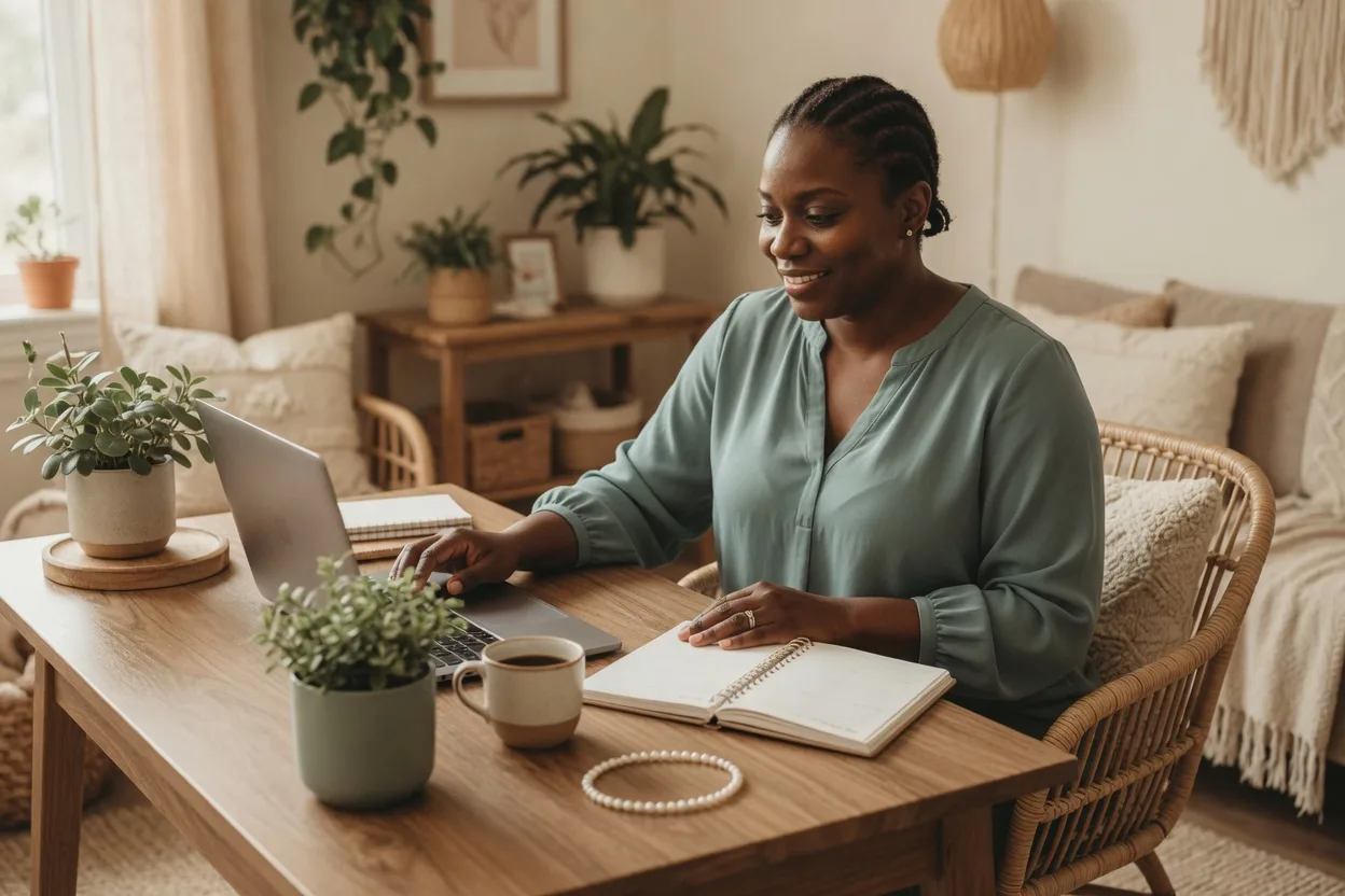 A doula business workspace with a planner, laptop, and business cards on a warm oak desk
