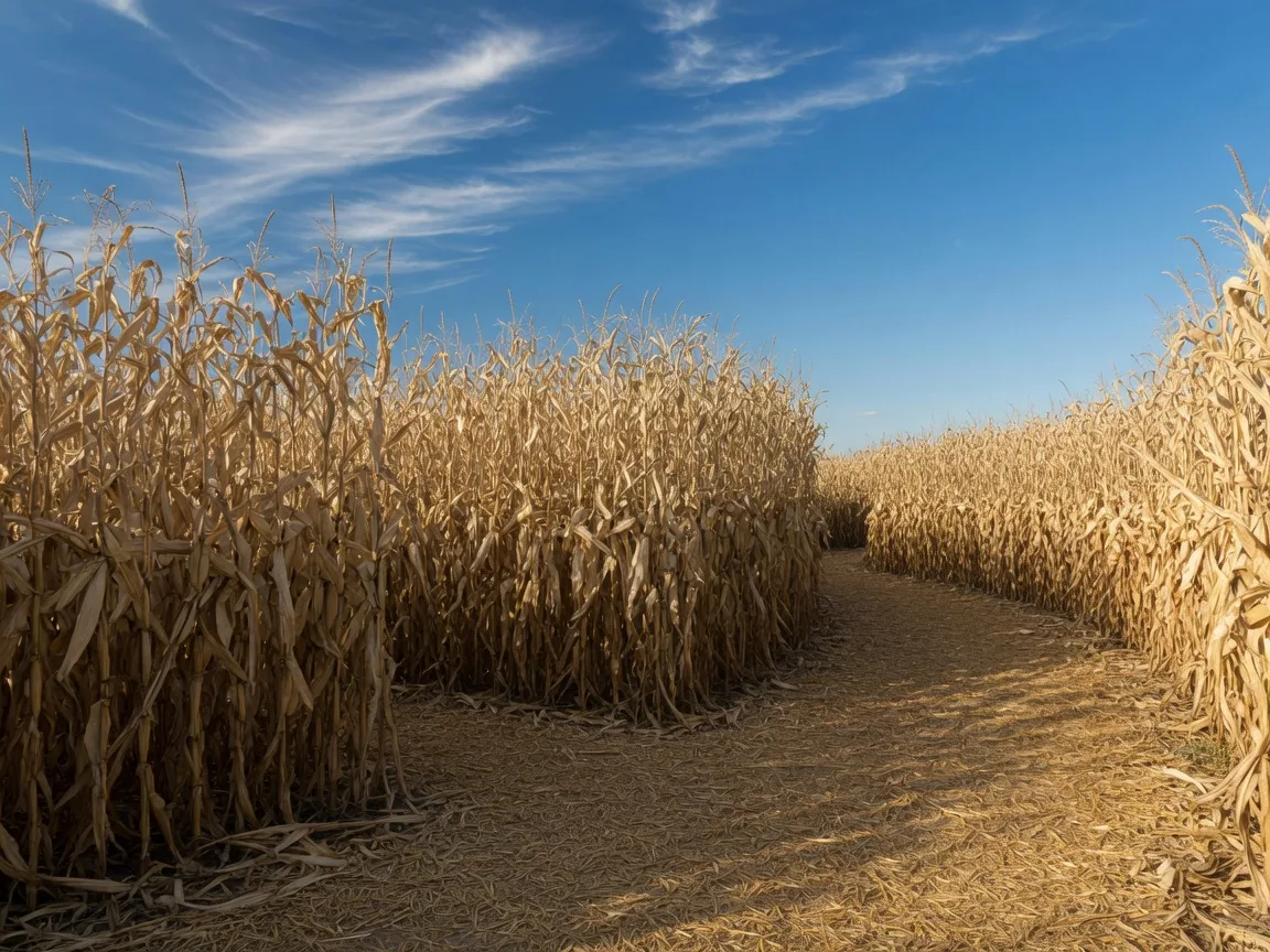 A view into a tall golden corn maze in New Jersey on an October afternoon, with the maze path turning ahead and late-afternoon light filtering through the stalks