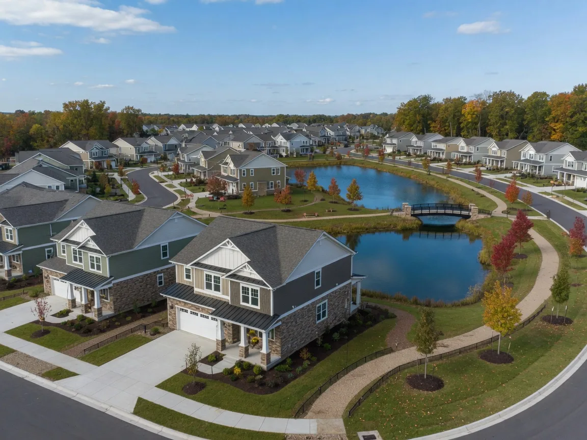 Elevated view of a new Lombardo Homes-style craftsman community with ponds and walking paths in early fall