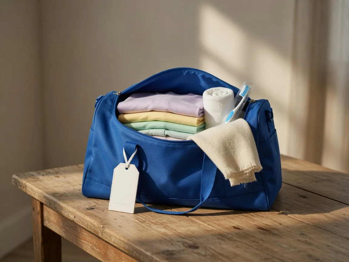 An open brand-new blue duffel bag on a wooden table holding folded clothes, a rolled towel, a toothbrush, and a soft blanket, with a white luggage tag on the handle