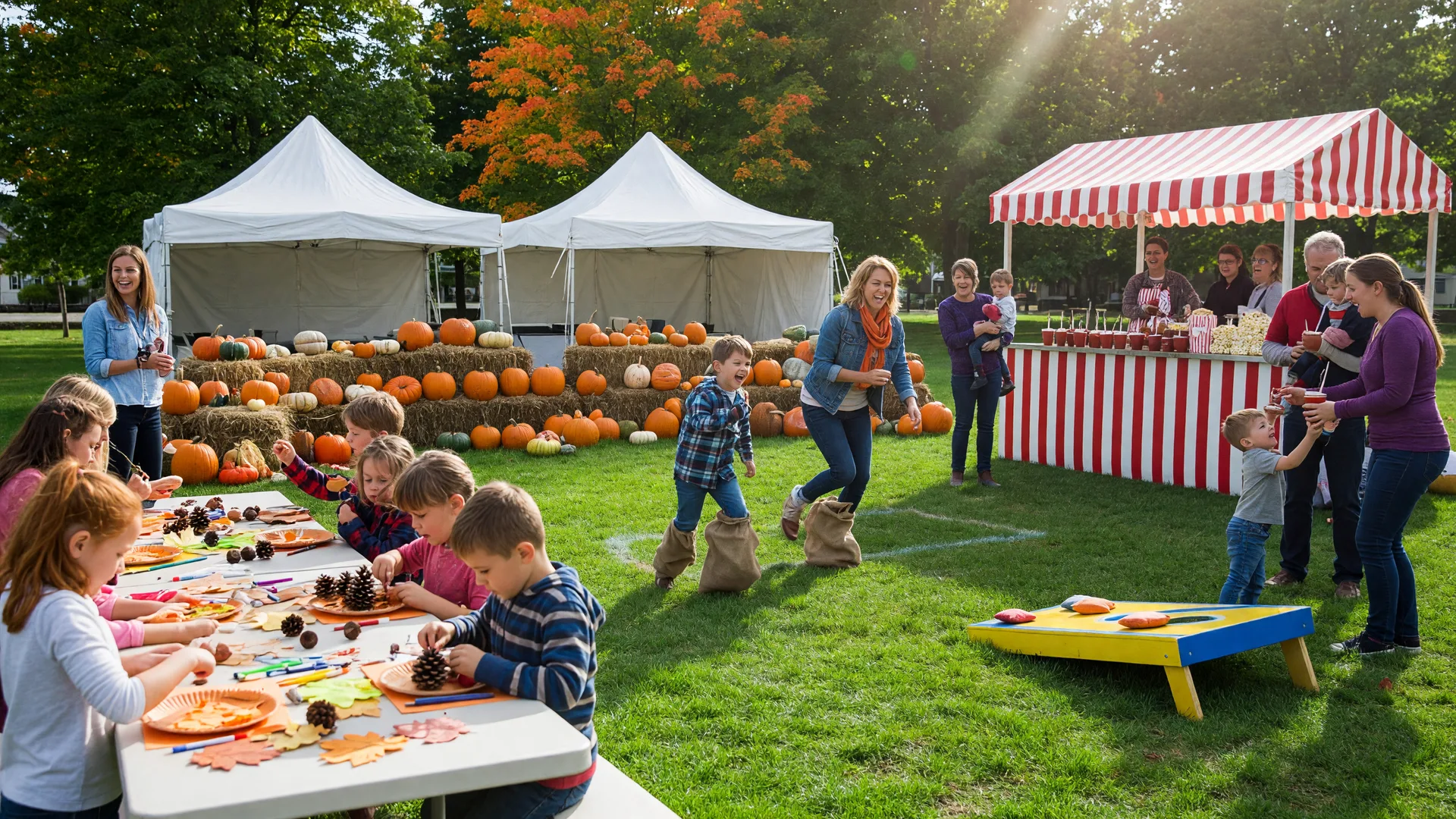 Families playing lawn games near hay bales and pumpkins at a small-town fall festival in a park