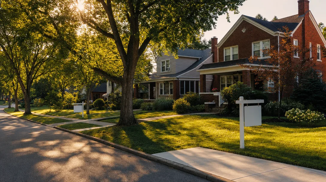 Tree-lined suburban street in Cincinnati with For Sale signs on a warm late summer afternoon