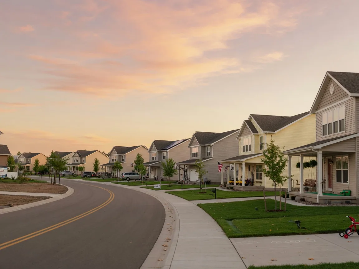 A quiet suburban street in a growing South Dakota community at early evening