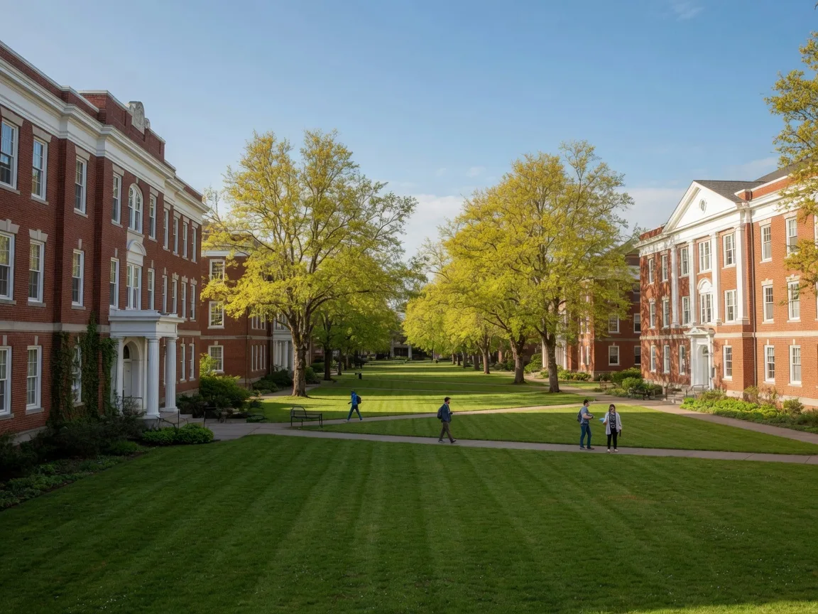 George Fox University's red-brick campus buildings around a green quad with mature trees