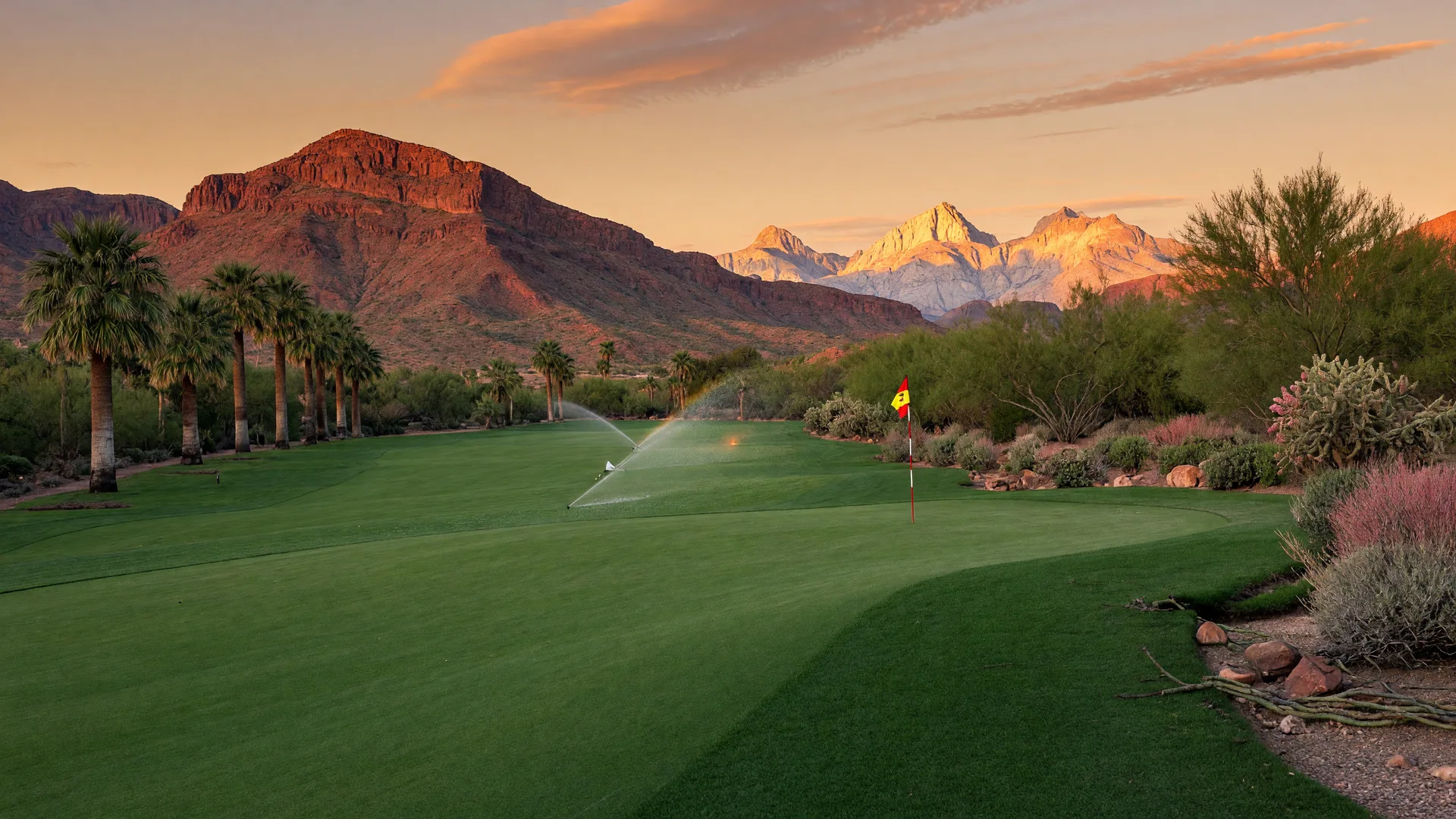 A desert golf course fairway in Arizona at golden hour