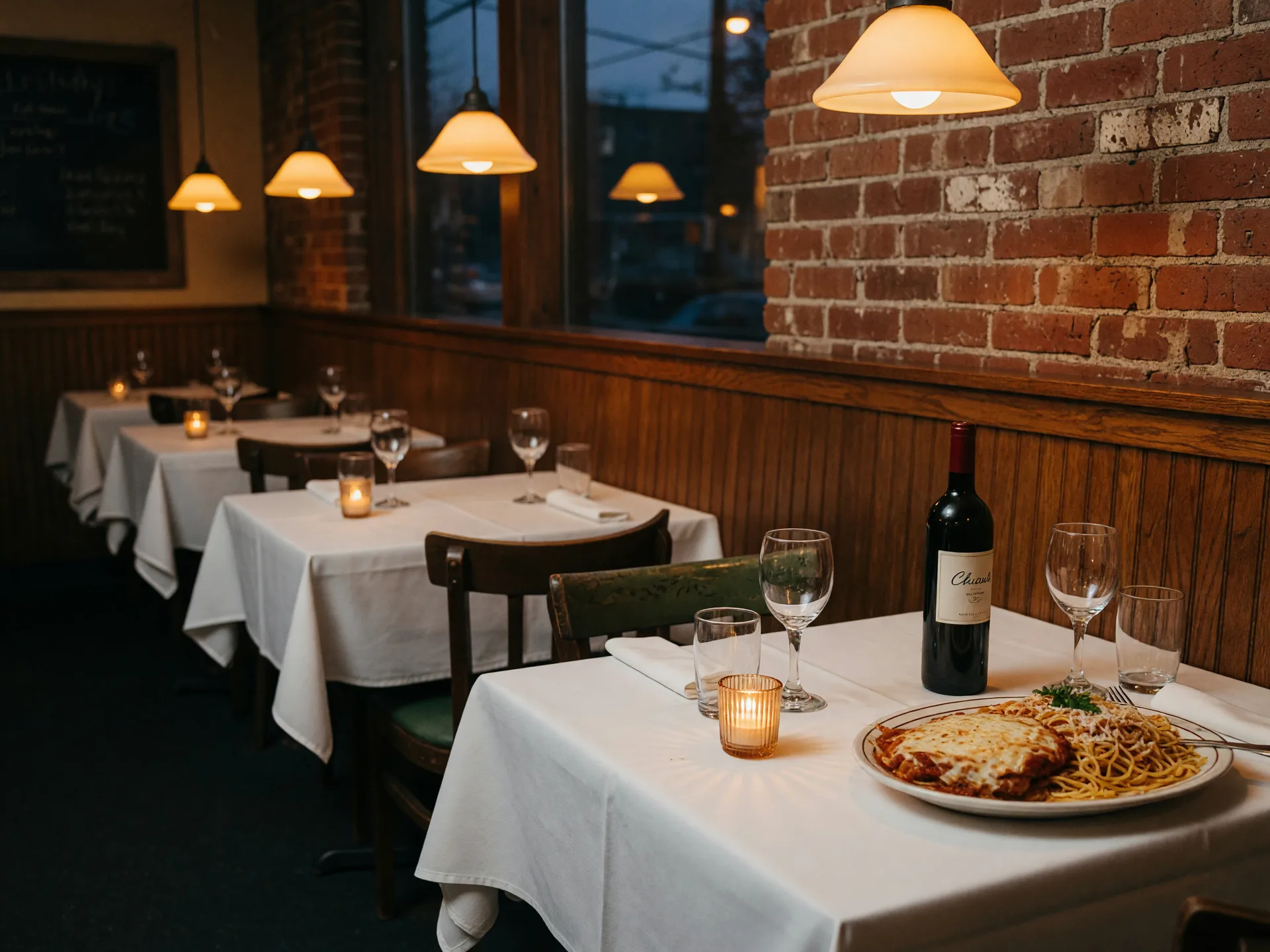 Chicken parmigiana and red wine on a candlelit table at Due Amici Italian Grill in Cinnaminson NJ