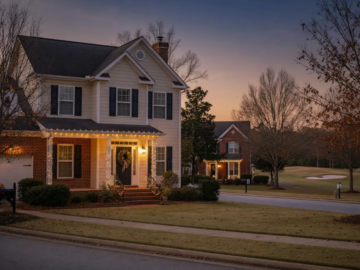 A warmly lit suburban home in a Georgia golf-course community with tasteful holiday lights and a wreath at dusk, representing a home listed for sale during the holiday season.
