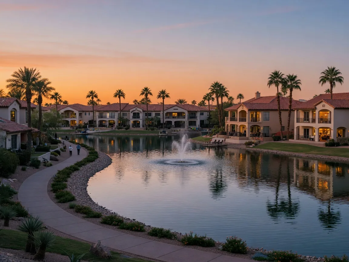 Lakeside homes in the Ocotillo area of Chandler, Arizona at dusk with lights reflecting on the water