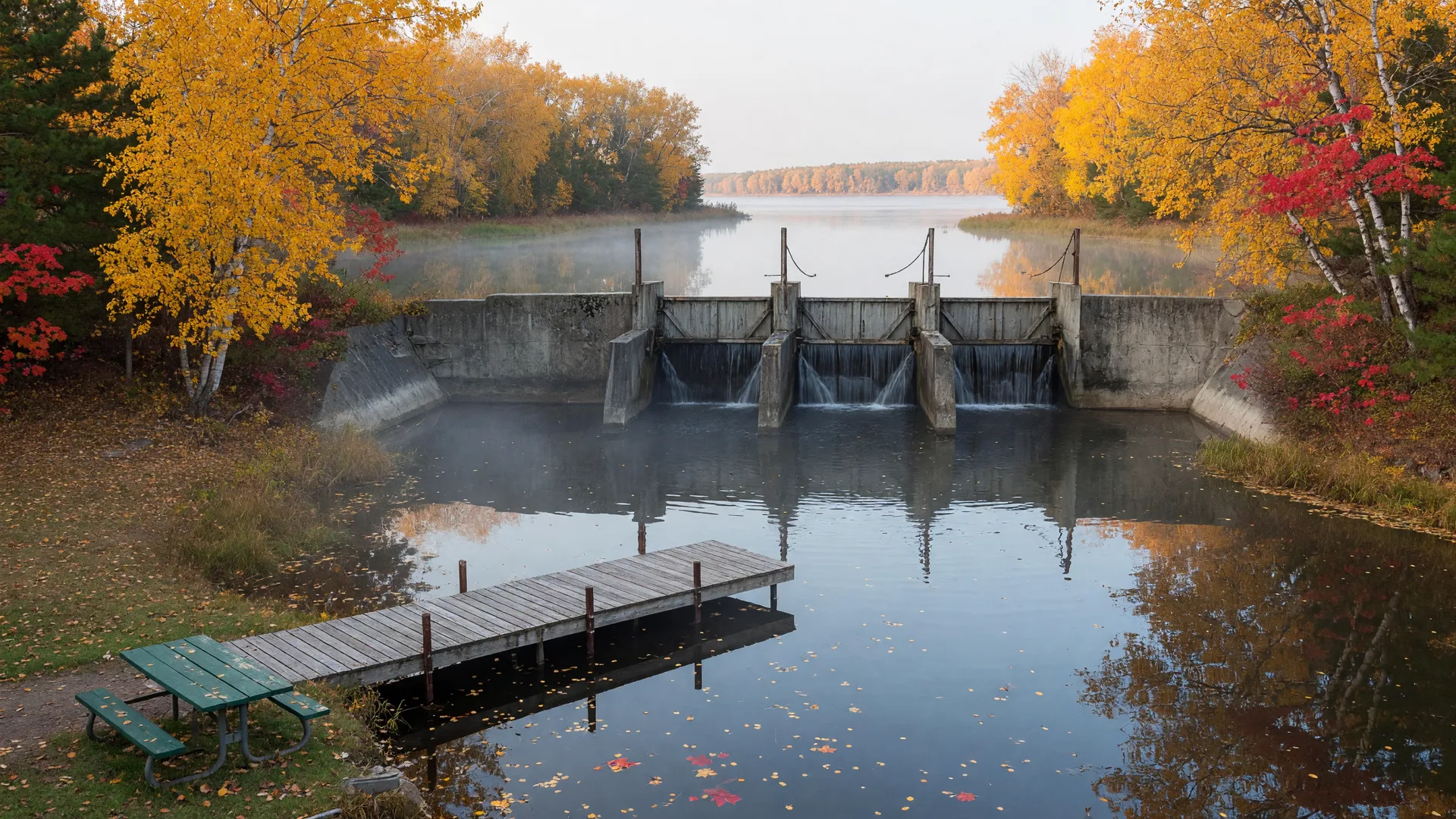 Concrete dam with open sluice gates on a river below a Minnesota lake in fall