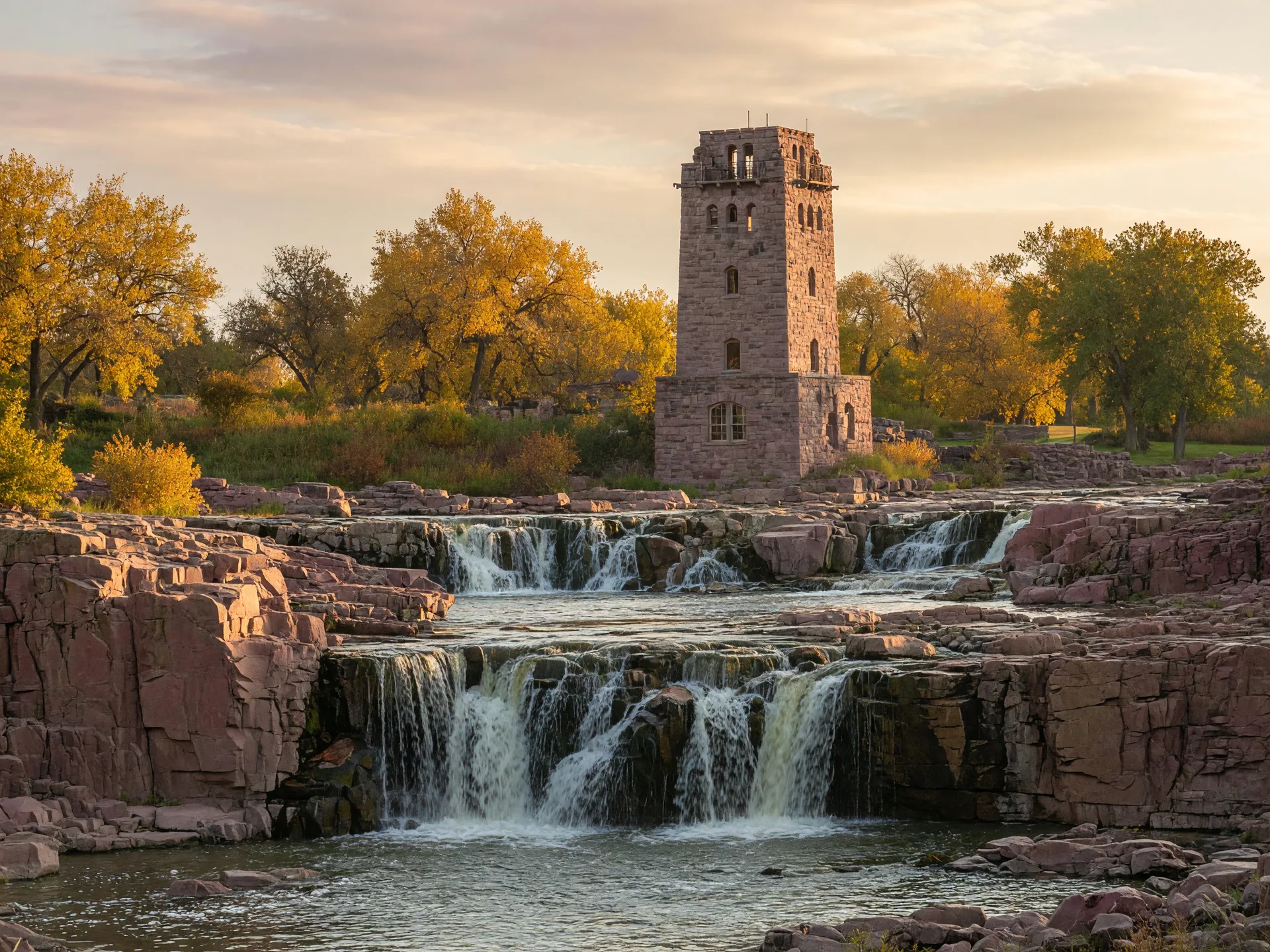 Falls Park in Sioux Falls, the Big Sioux River falling over pink quartzite rock in autumn