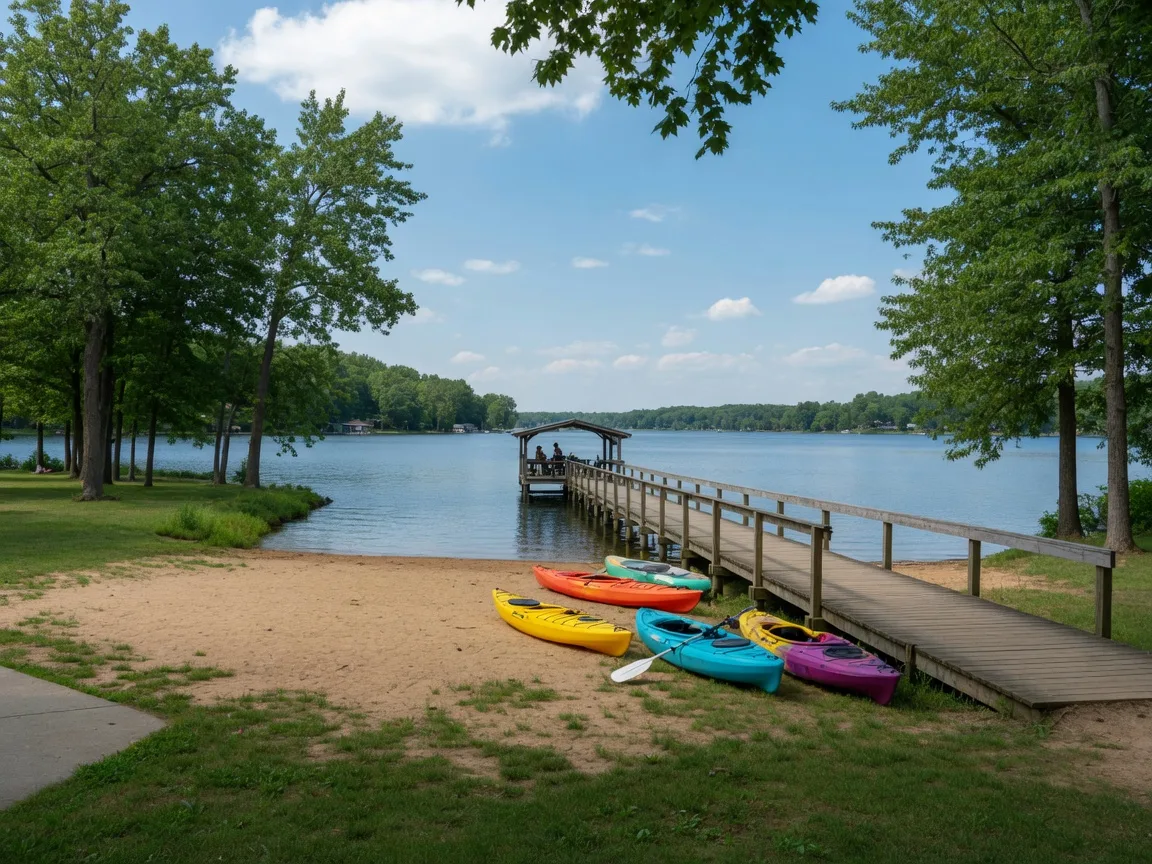 Cedar Lake shoreline with pier and kayaks