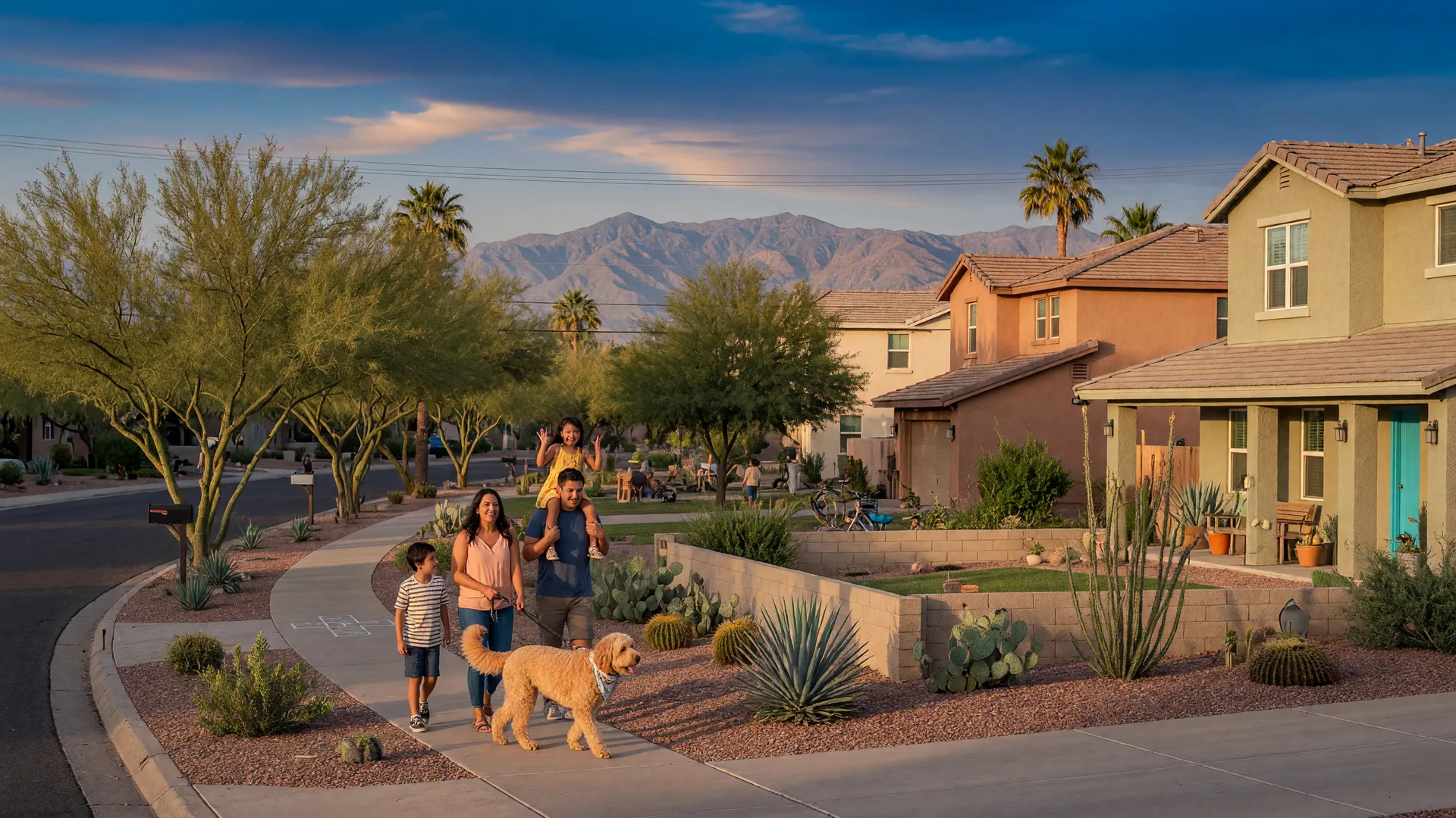 Tree-lined residential street in Eastside Phoenix at golden hour with desert landscaping, San Tan Mountains in the distance, and a family walking a dog