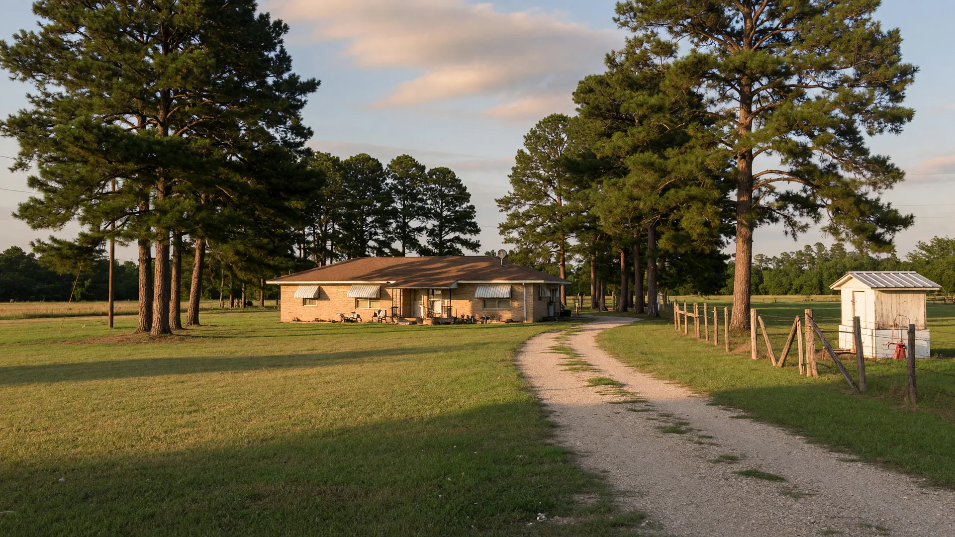 A single-story acreage home on a large grassy lot framed by tall pine trees in the rural Northeast Houston countryside near Huffman, Texas, at golden hour