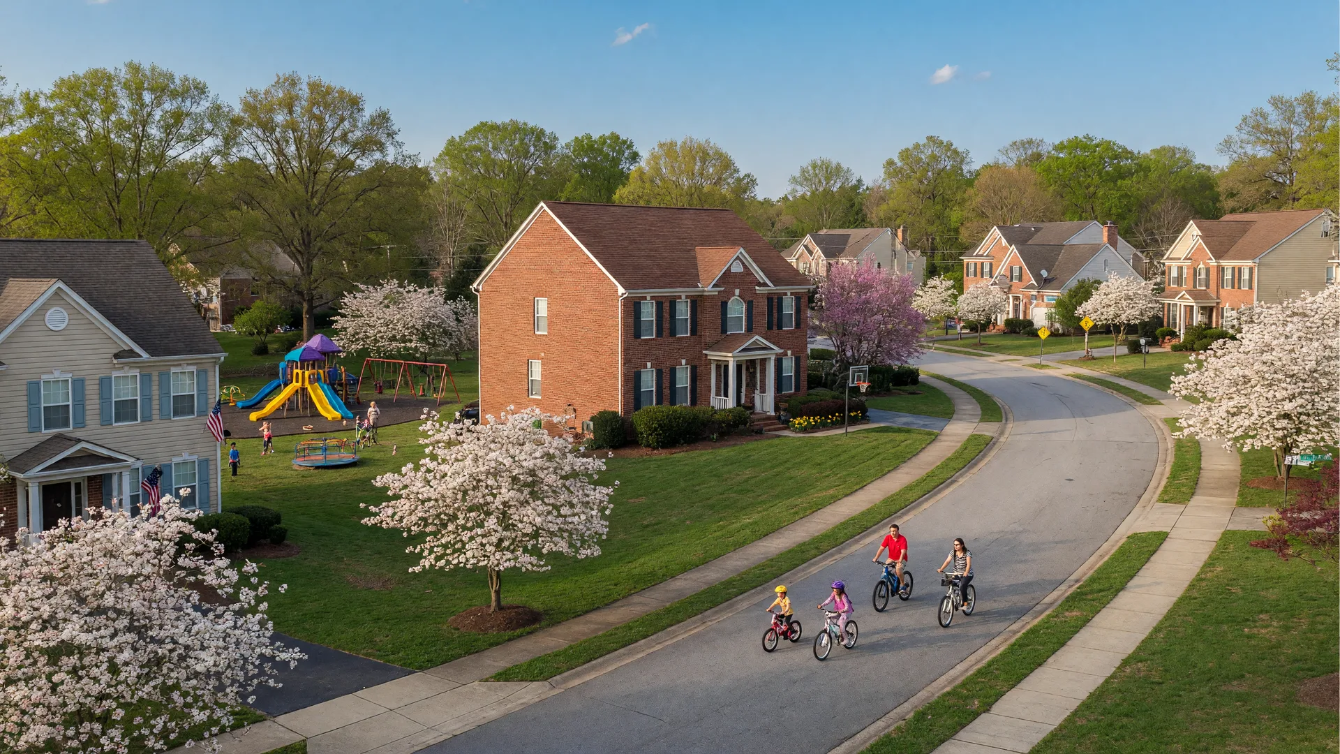 Aerial view of a family-friendly suburban neighborhood in Cobb County with mature trees, traditional homes, and a playground on a bright spring afternoon