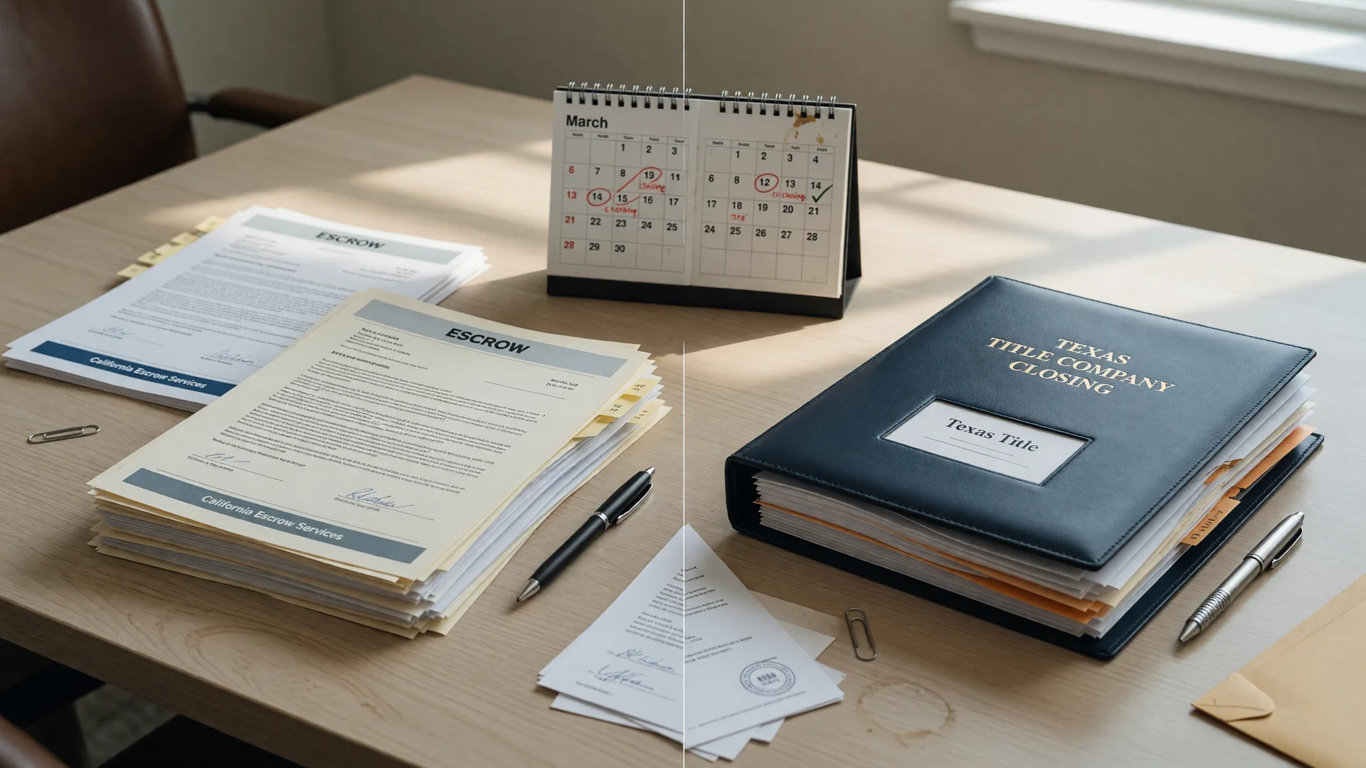 Split view of California escrow and Texas title closing documents with calendar dates aligned for cross-state coordination.