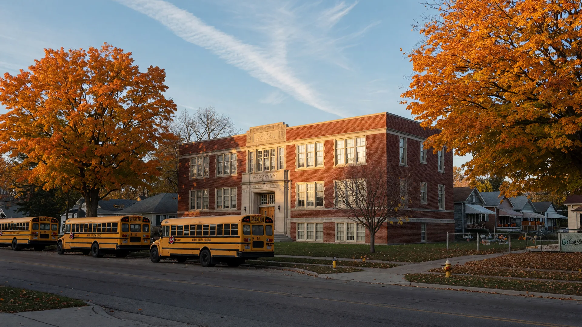 A red-brick Ohio public school building with a stone entrance on a crisp late-October morning, yellow buses in the empty parking lot and sugar maples turning orange and gold along the street, the kind of school that anchors the Miami Valley districts in this tax guide